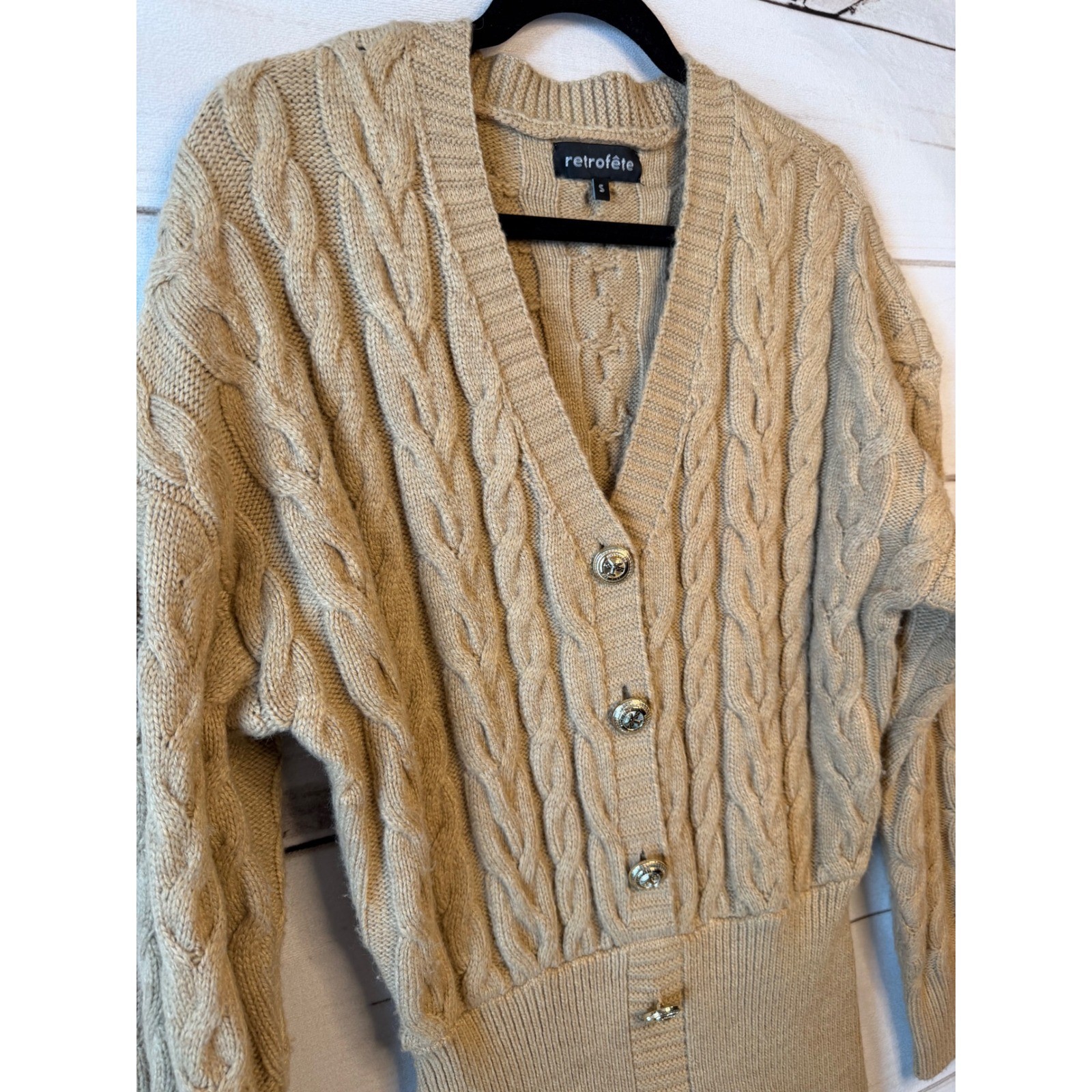 Retrofete Camel Tan Cable Knit Button Front Cardigan Mini Sweater Dress Small