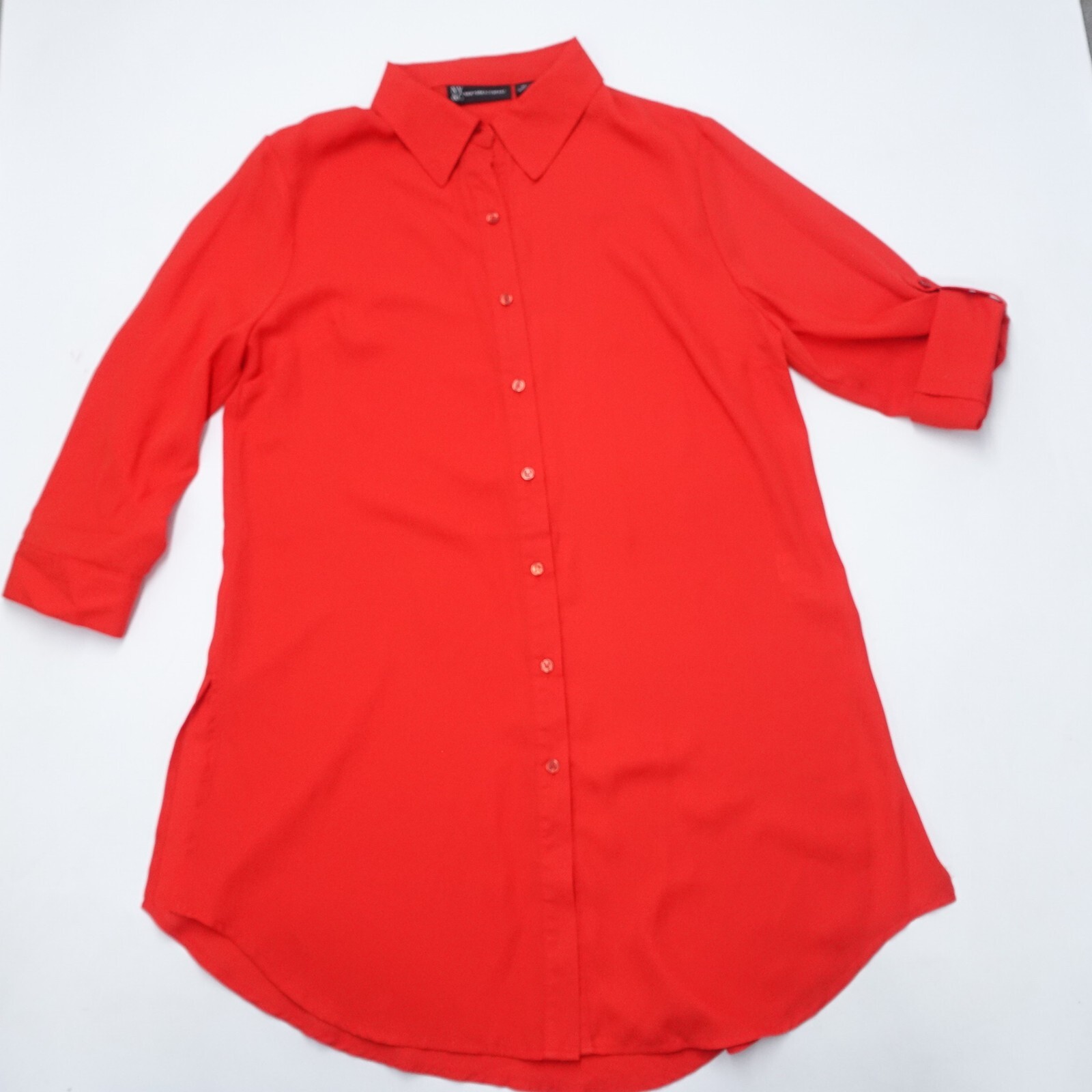 New York & Company Shirt Dress Women’s Medium Red Button-Front Roll Tab Sleeve