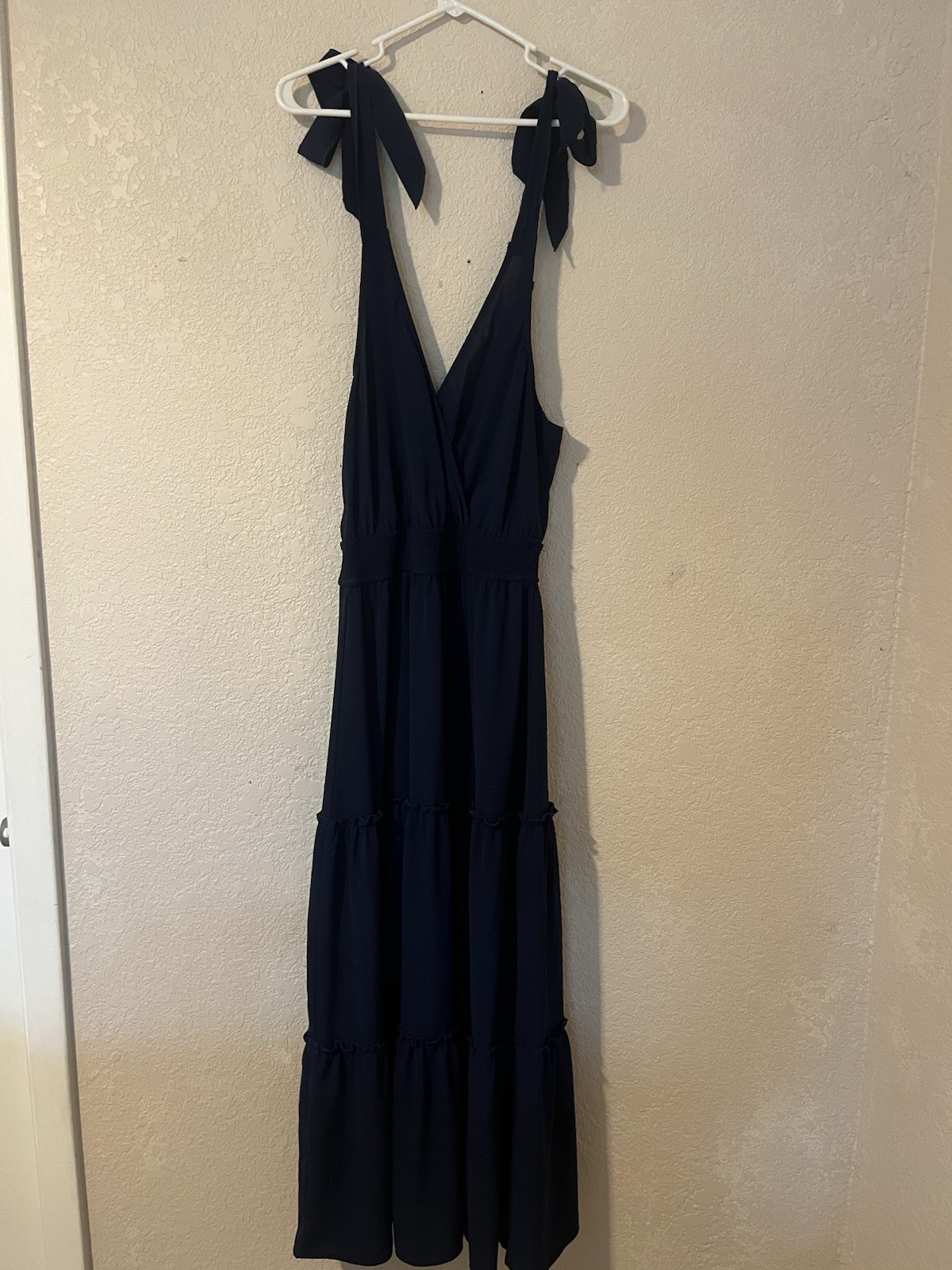 PRETTYGARDEN Solid Blue Smocked V-Neck Tie Strap Maxi Dress, Size M