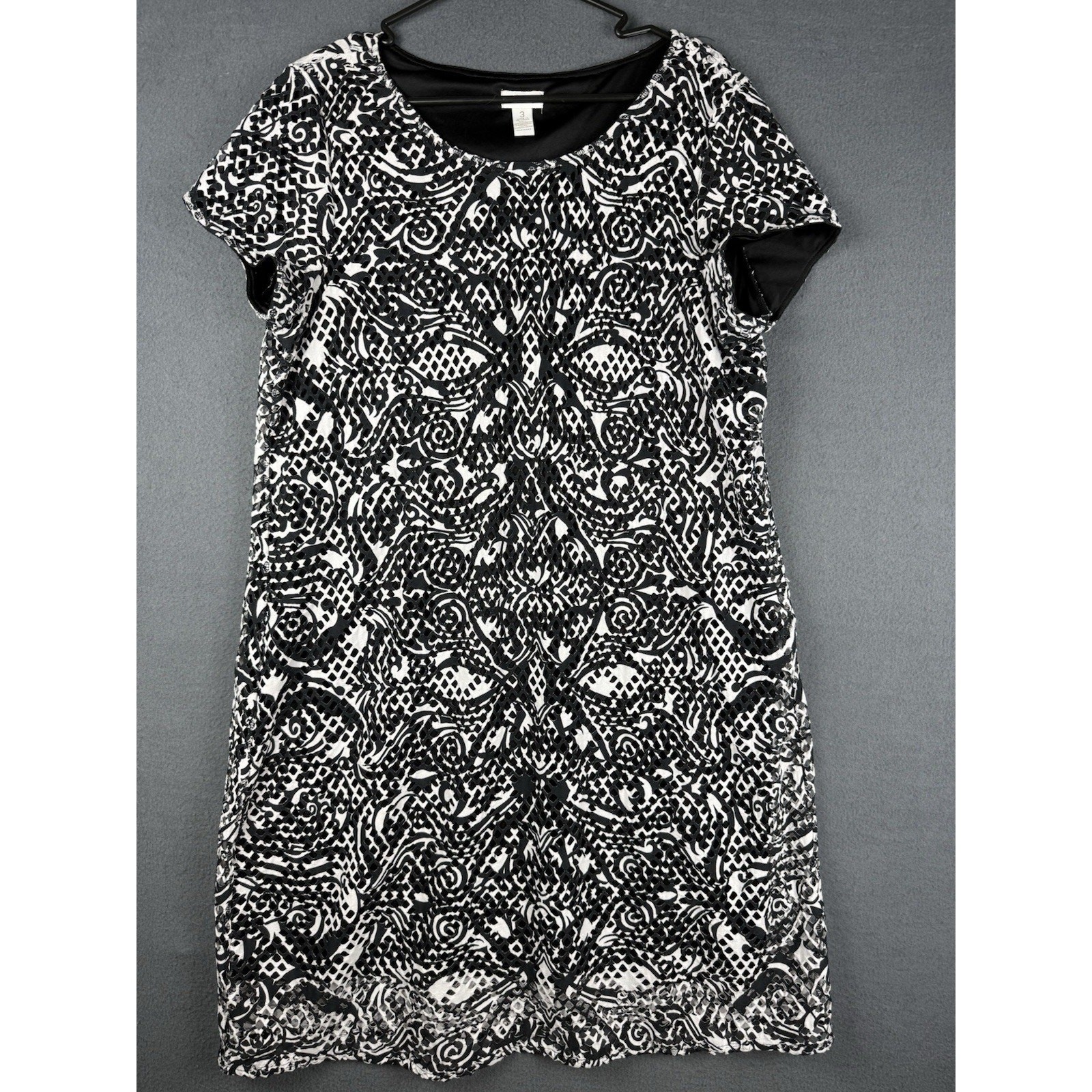 Chico’s Black and White Lined Stretch Cut Out Design Dress Short Sleeve Size 3