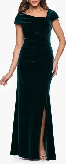Xscape Hunter Green Velvet Asymmetric Neck Cap Sleeve Gown Size 16 $218