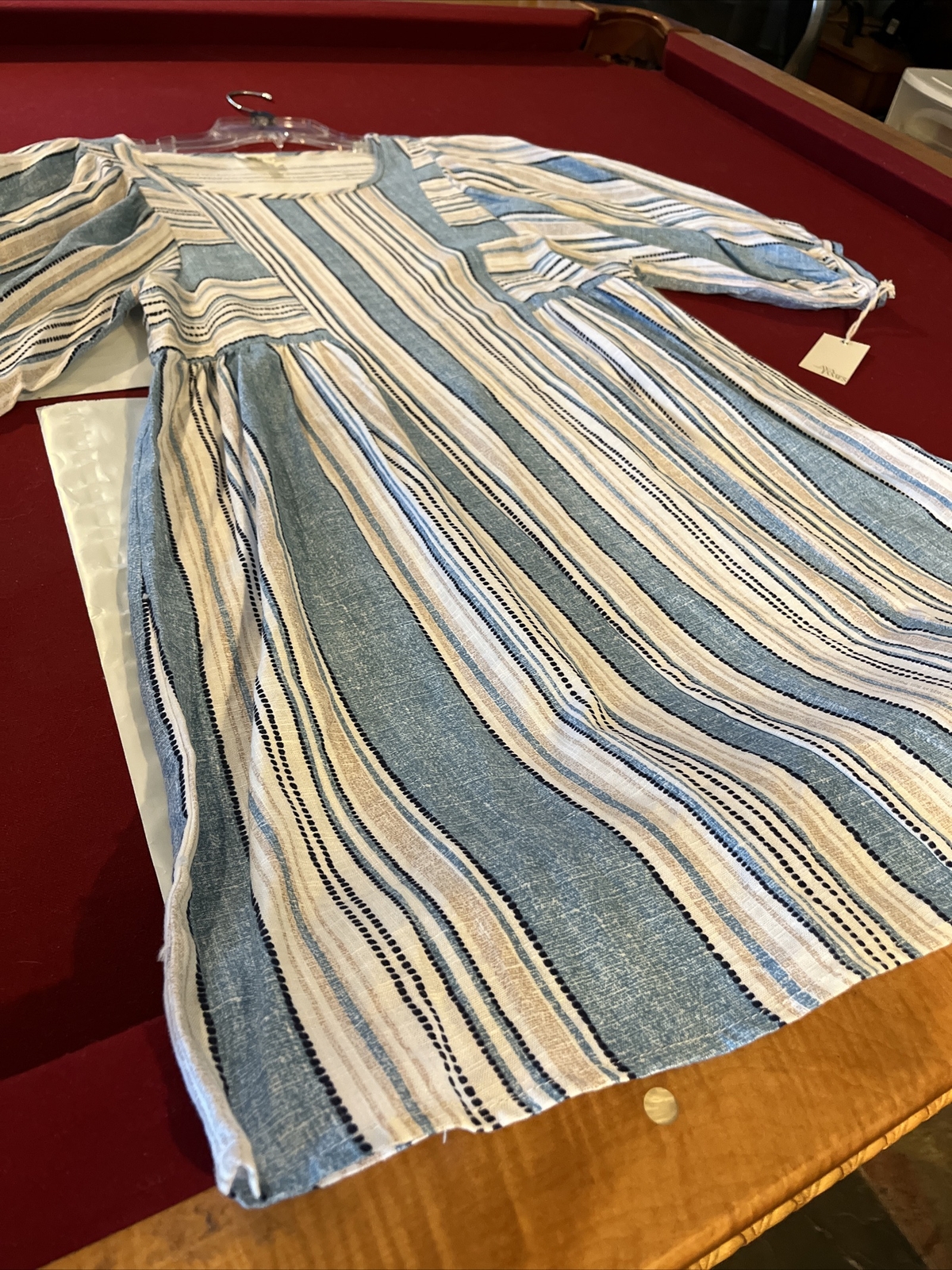NEW Blue White Striped LINEN Sun DRESS Cotton Peasant PUFFY Sleeves Womens Small