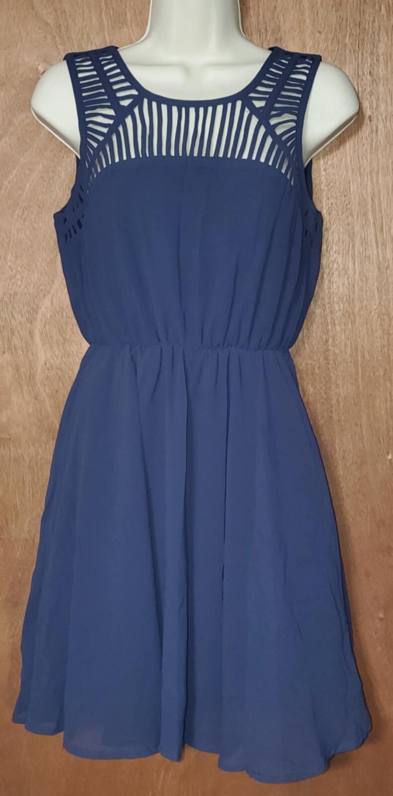 Lily Rose Dress Size M Navy Blue W/Cutout Cinched Elastic Waist Button Layered