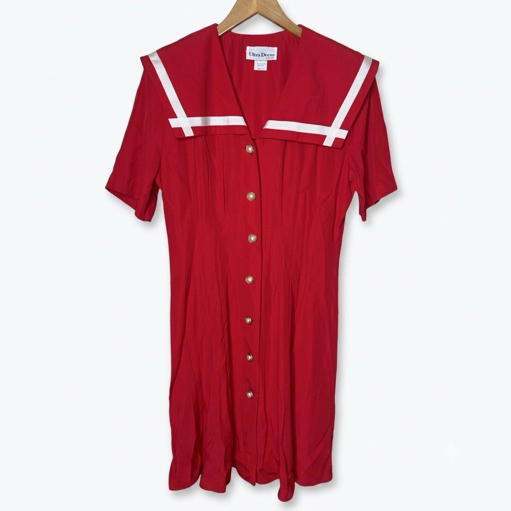 Vintage Ultra Dress Nautical Red Sailor Pinup USA 12 Cape Collar Pearl Buttons