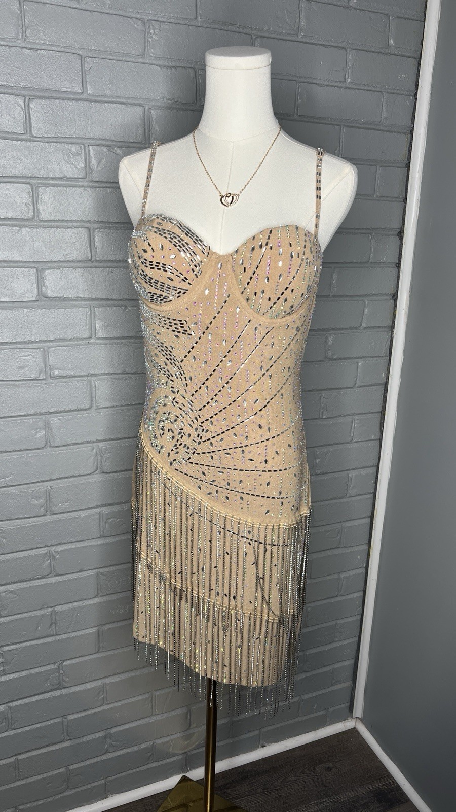 Banjul Nude Rhinestone Sparkly Fringe Layer Midi Sleeveless Dress Size Large