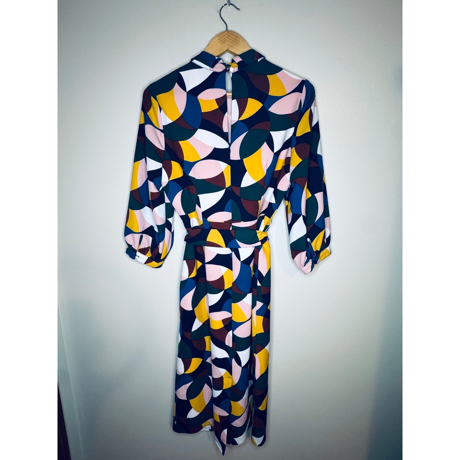 Boden Geometric Abstract Print Midi Dress Multi-Color Mock Neck Belted US 6R