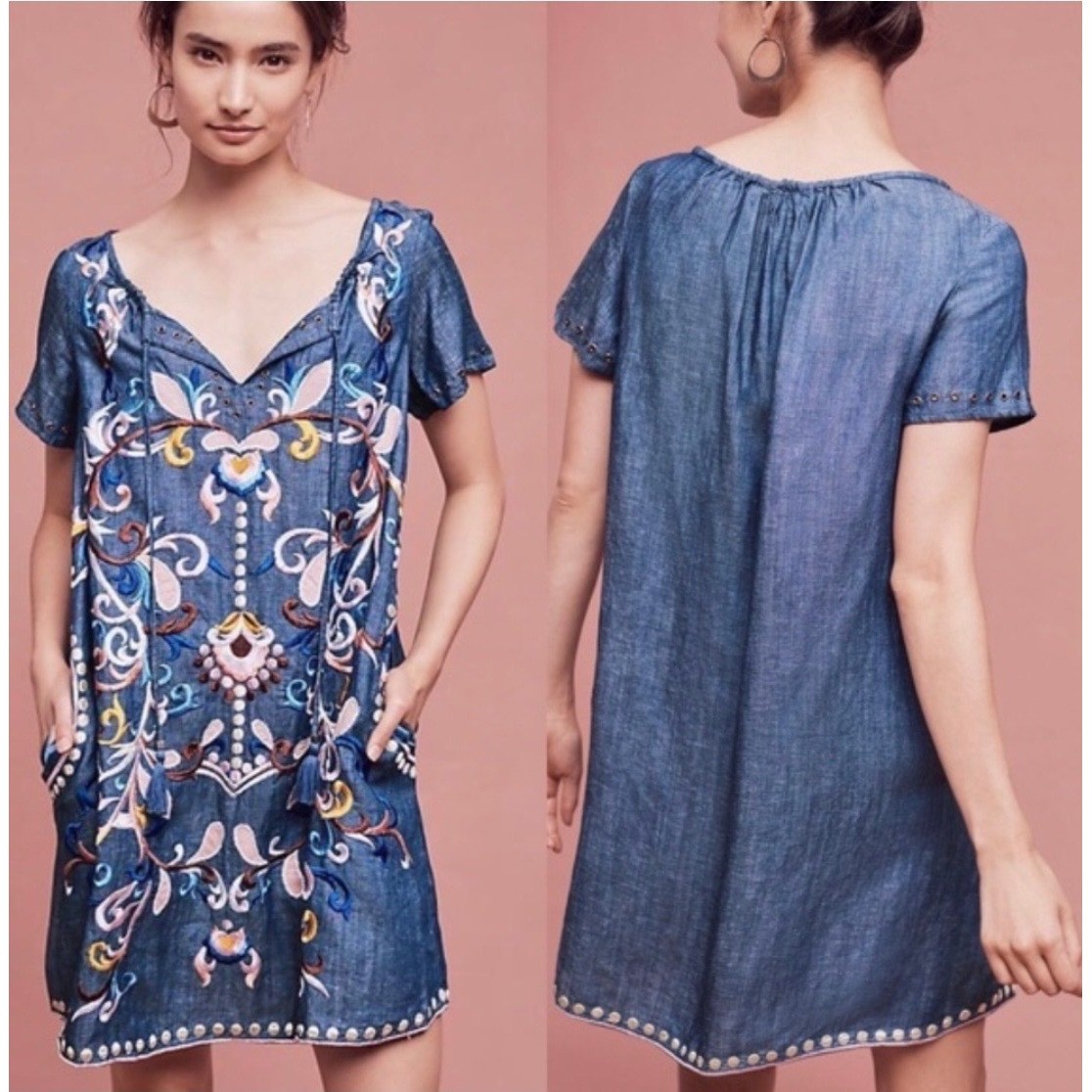 Holding Horses Anthropologie Folklore Tunic Dress Chambray Floral Embroidered