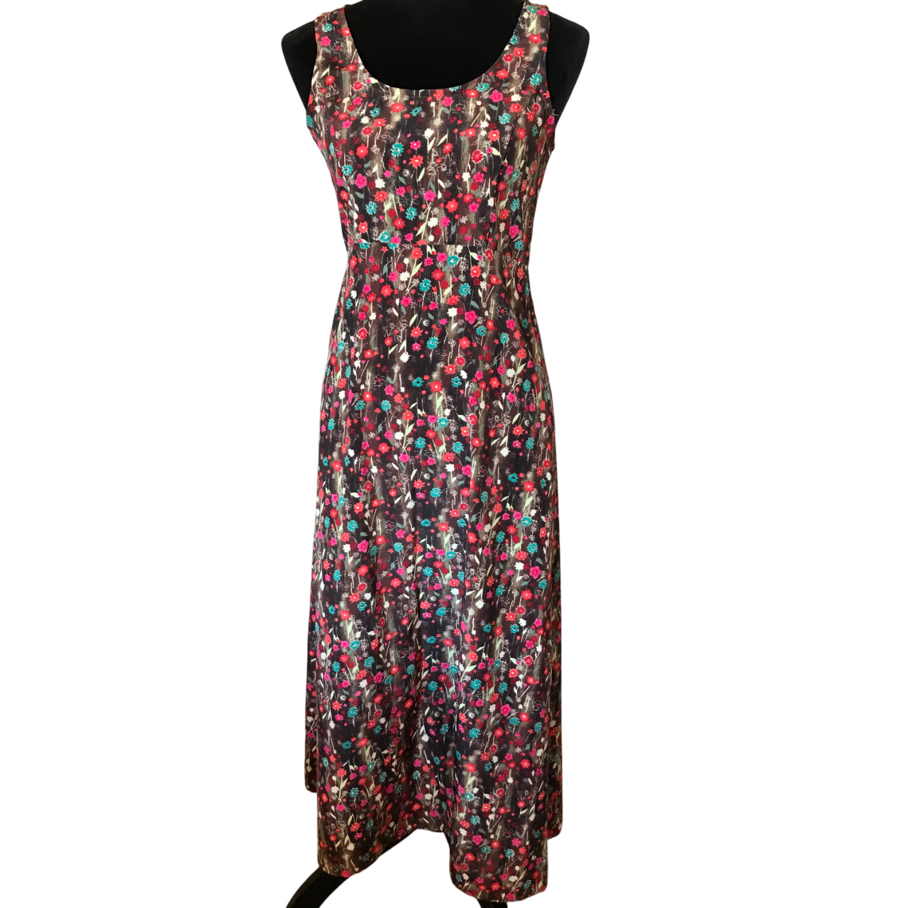 Vintage Ultimate Blues Sleeveless Maxi Dress, Brown Red Floral Print Size Small