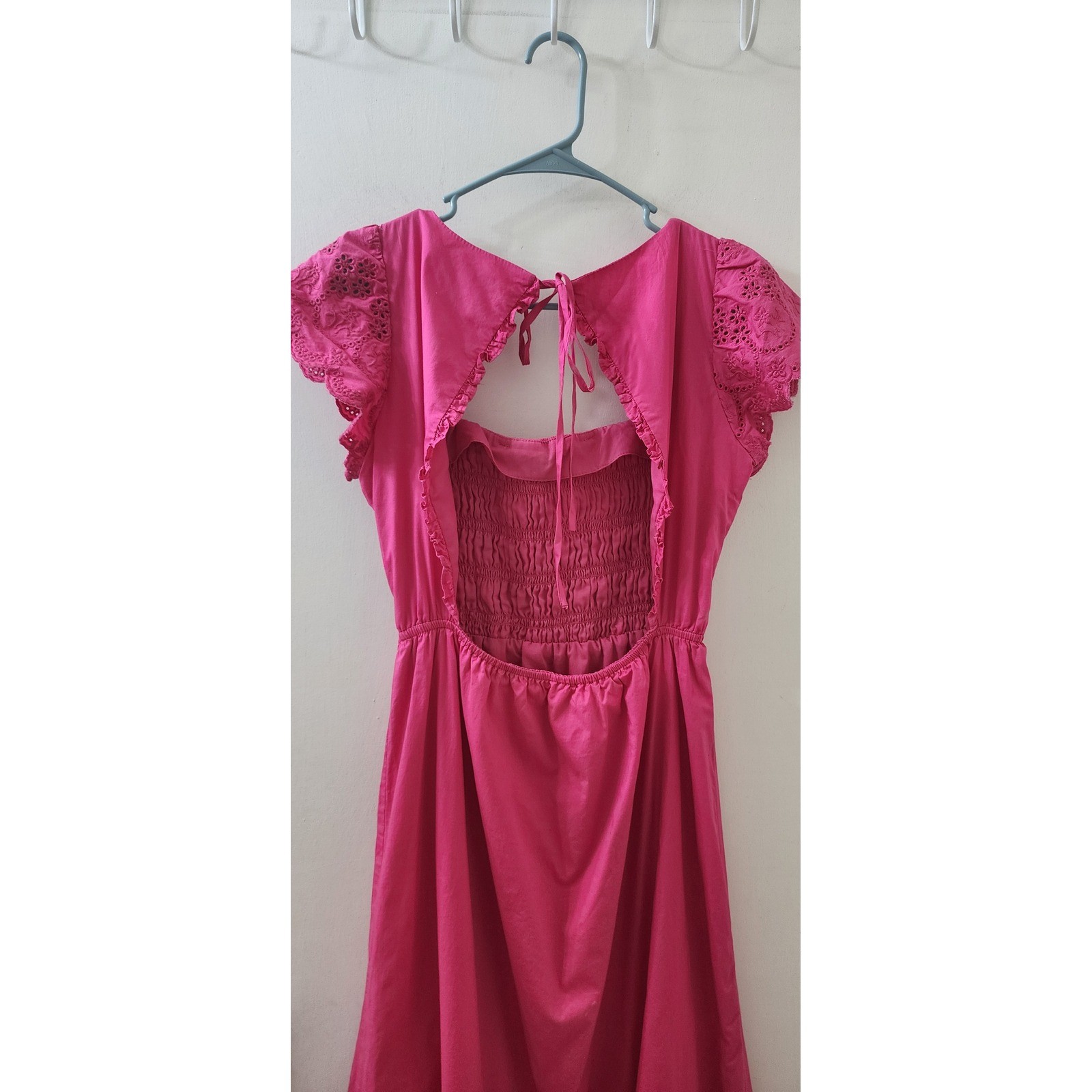 Jason Wu Pink Smocked Eyelet Flutter Sleeve Open Back Midi Dress