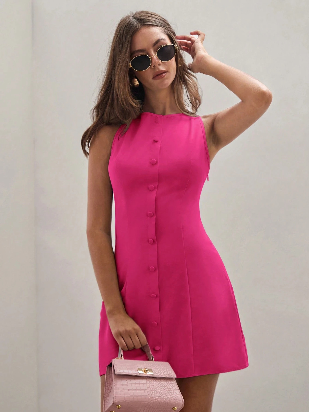 COSMINA Women’s Elegant Plain Sleeveless Button Up Mini Dress v