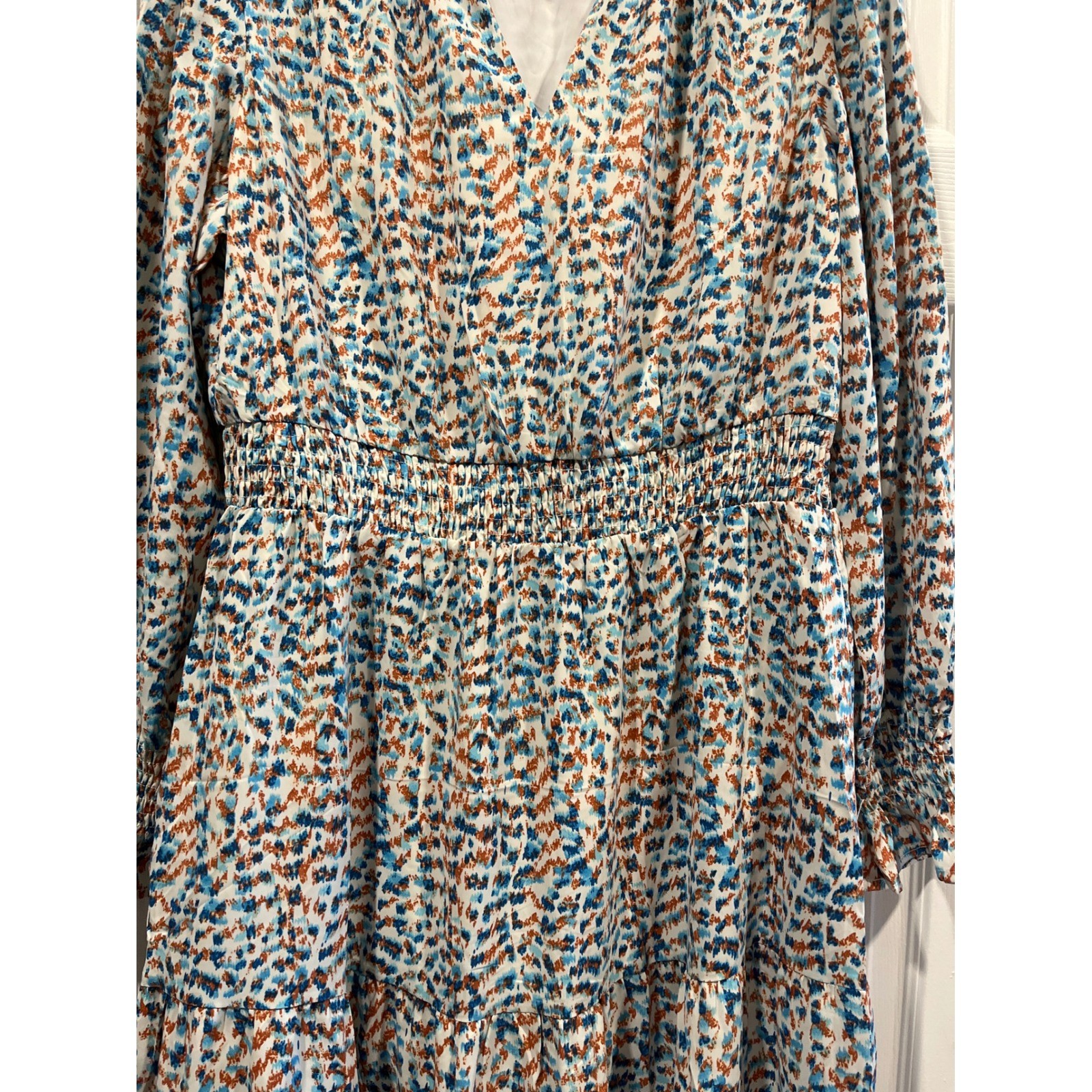 PrettyGarden Blue Orange Abstract Print Smocked Tiered Midi Dress Long Sleeve L
