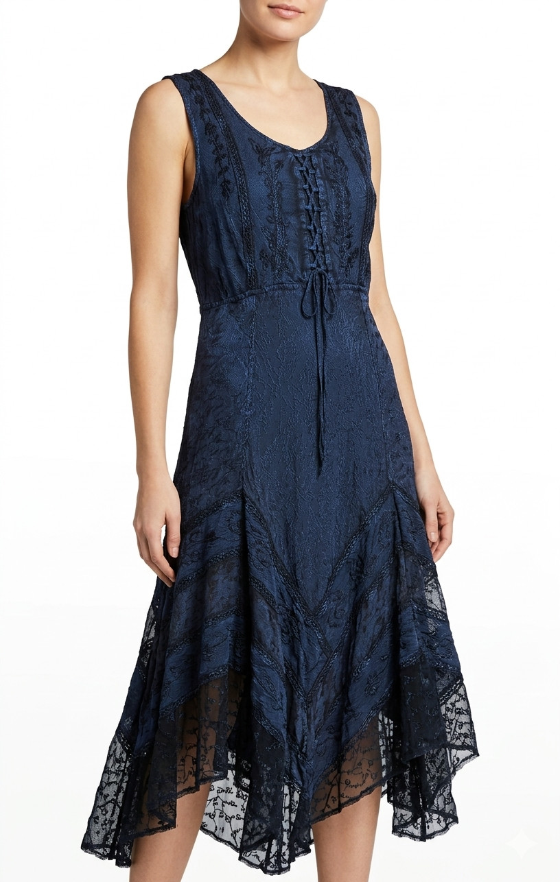 Anthropologie Dress XL New Boho Midi Tiered Embroidered Lace Indigo Acid Washed