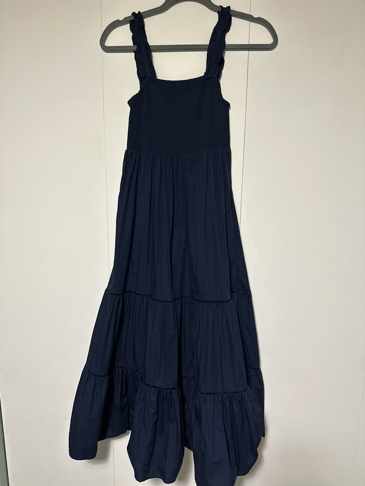 Anthropologie O.P.T. Navy Blue 100% Cotton Colette Smocked Tiered Maxi Dress XS