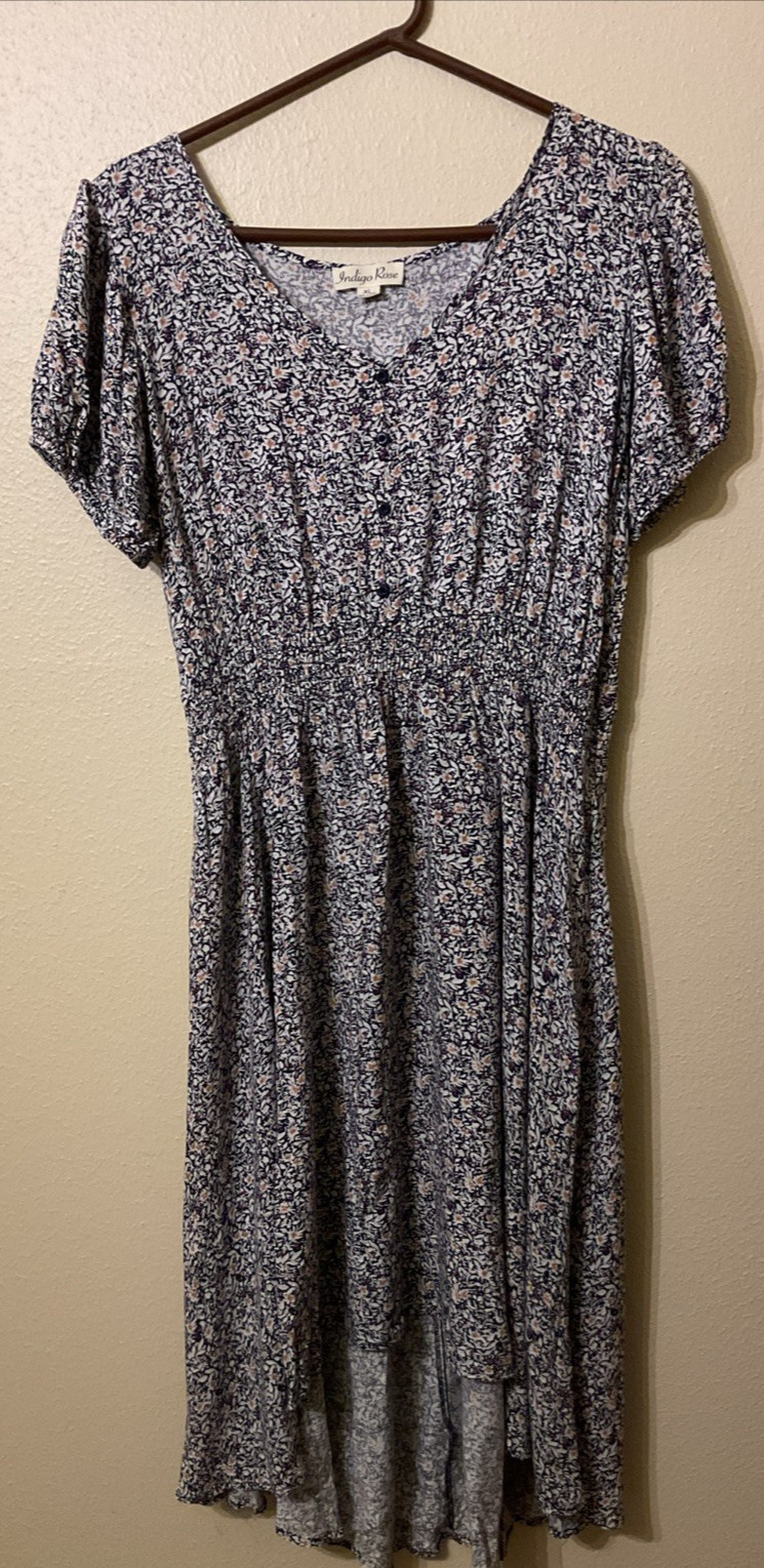 Indigo Rose Navy Blue Purple MicroFloral Short Sleeve Midi High Low Hem Dress XL