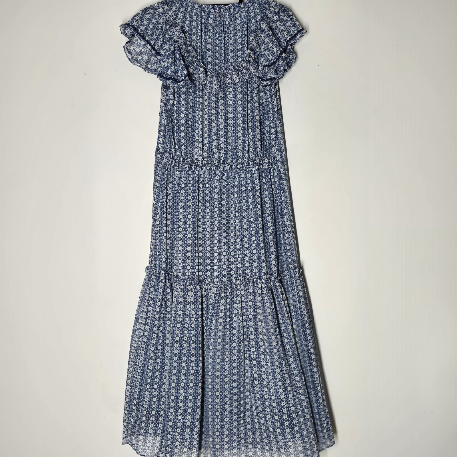 MISA Los Angeles Chiffon Midi Dress Blue Geometric Ruffle Boho Size S