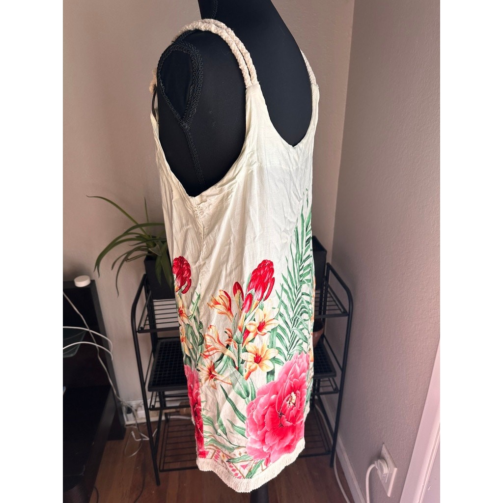 Tropical Floral Print Sundress / Beach Cover-Up with Rope Straps & Fringe Hem