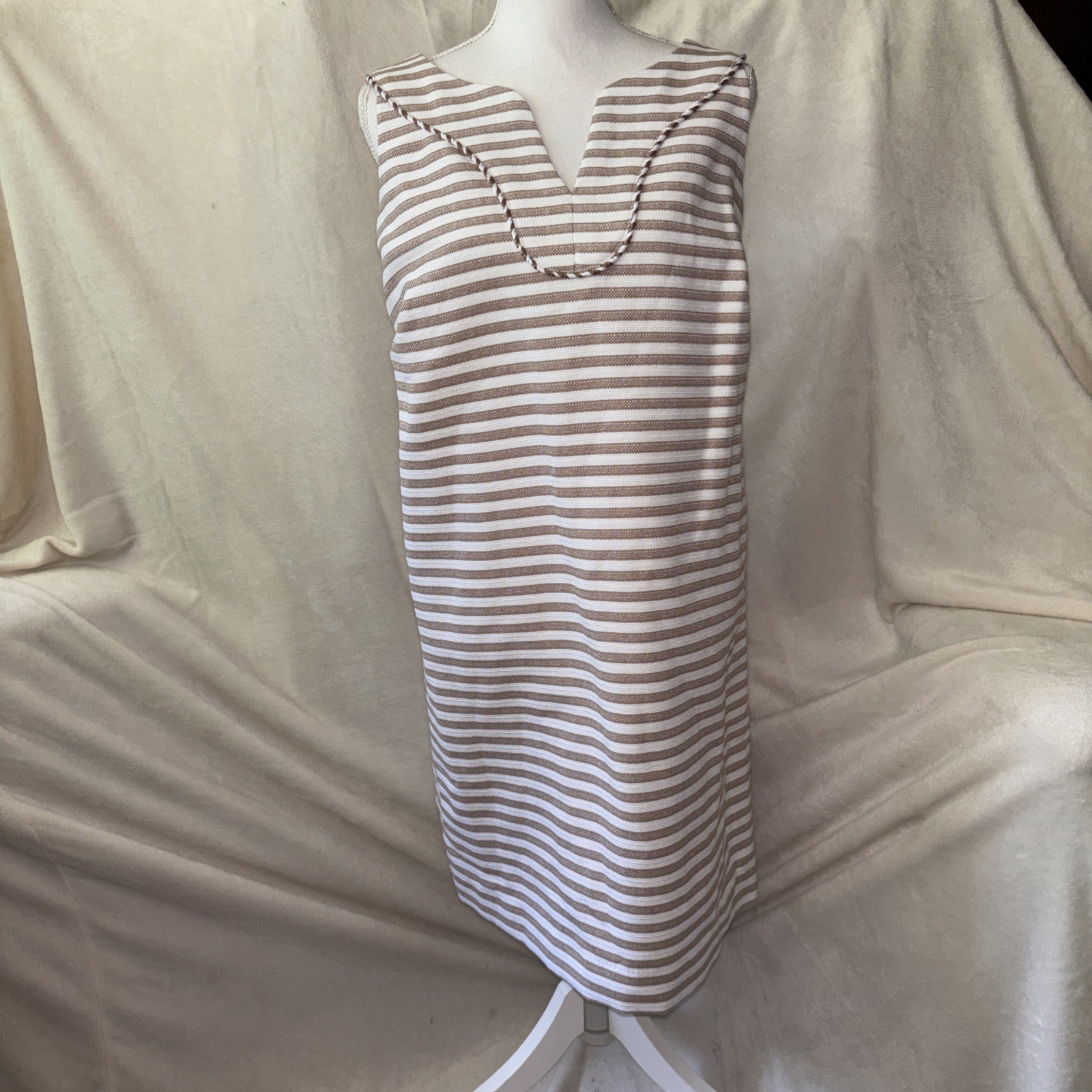 NWT TALBOTS Woman’s Sunlight Tan & White Lined Midi Shift Dress V-Neck Size 16WP