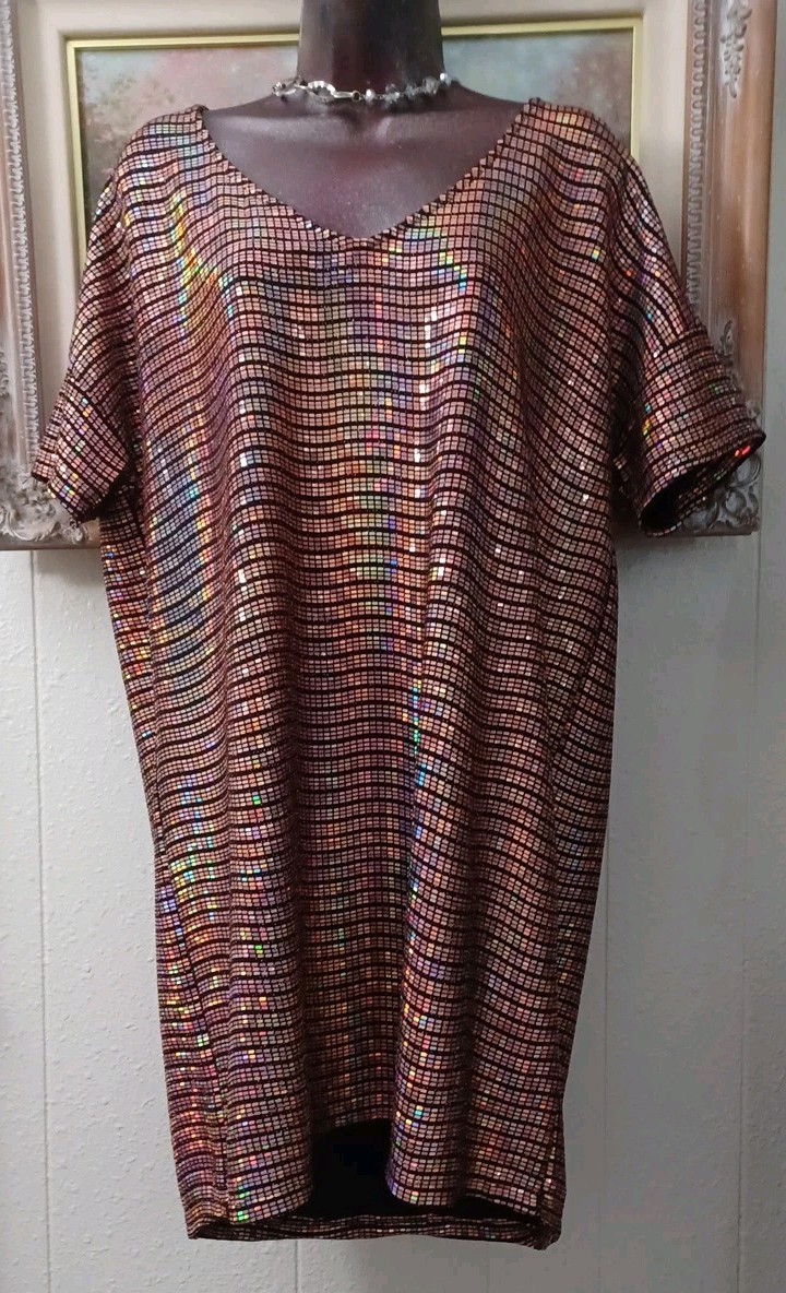 Cherish Pink Iridescent Mini Dress Nylon Mesh Bling Pullover Sheath Oversized S