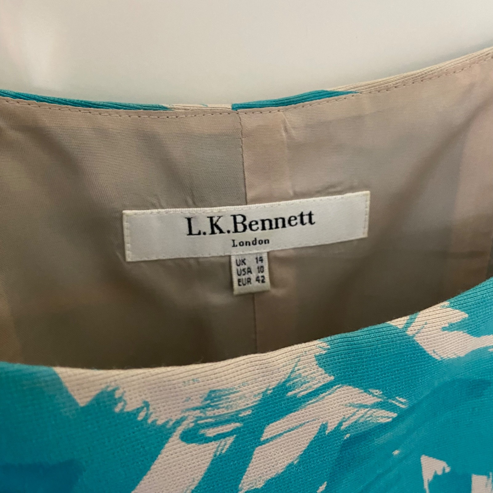 LK Bennett turquoise cotton silk lined sleeveless dress size 14 wedding cocktail