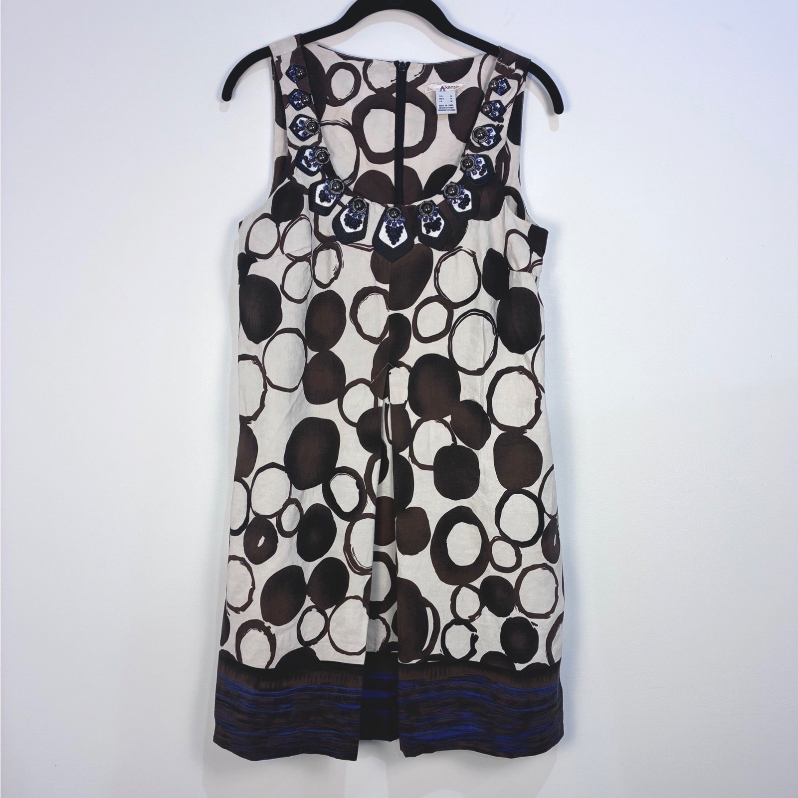 Kensie Shift Dress Silk Linen Beaded Abstract Dot Brown Blue Mod Retro Med