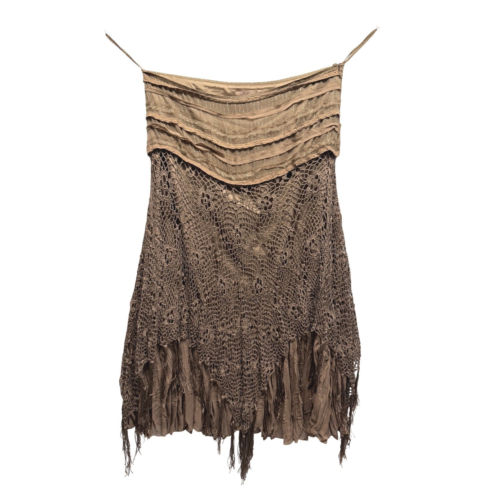 Twenty One Strapless Dress Crochet Fringe Boho Large Brown Womens
