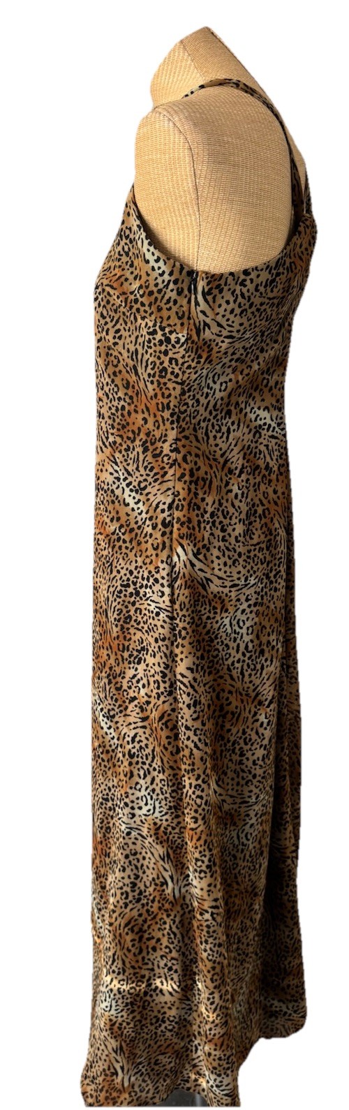 VTG 80s 90s Leopard Cheetah Animal Print Maxi Dress Flowy Criss Cross Back Sz 10