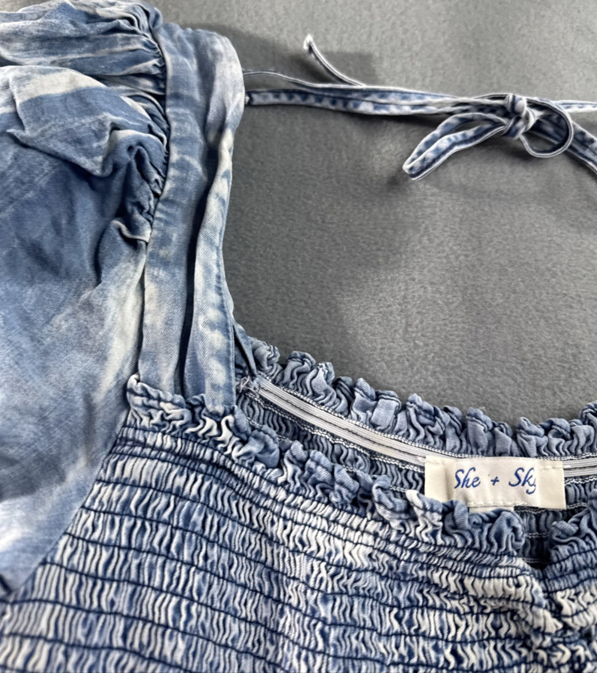 She + Sky Smocked Ruffle Hem Puff Sleeve Chambray Mini Dress Women’s L Coastal