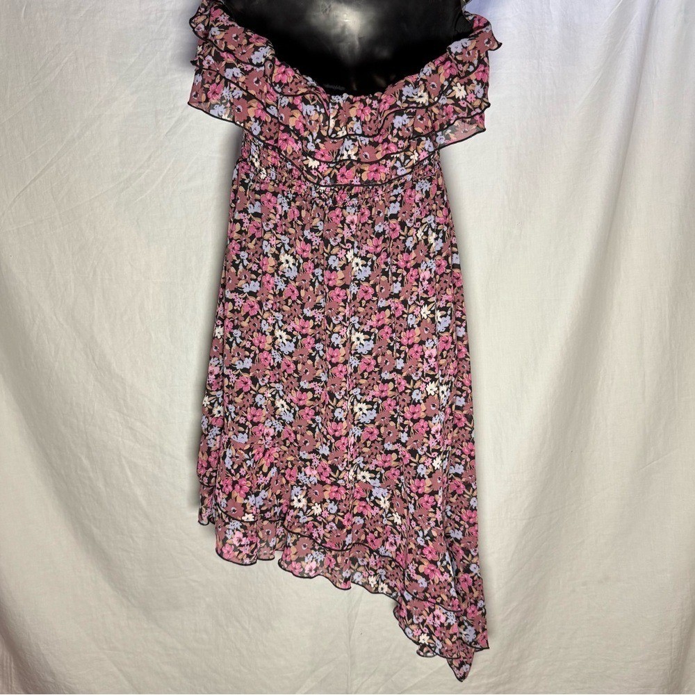 Floral Strapless Asymmetrical High Low Ruffle Dress Pink Emerald Sundae Large
