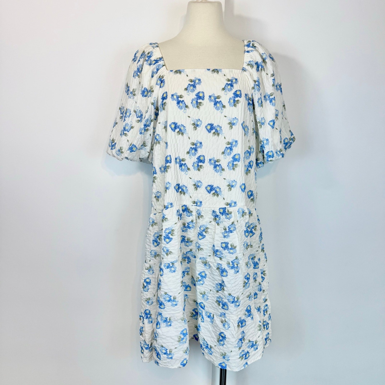 Mikarose The Clove Cornflower Blue Mini Dress Babydoll XL NWT White Floral