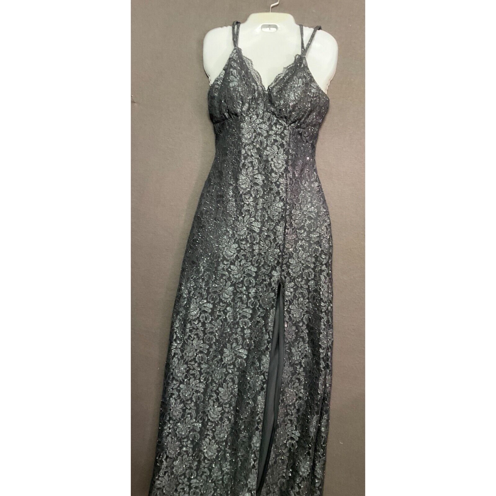 Morgan & Co Formal Gray Glitter Lace Prom Gown SZ 1 Side Slit Lined