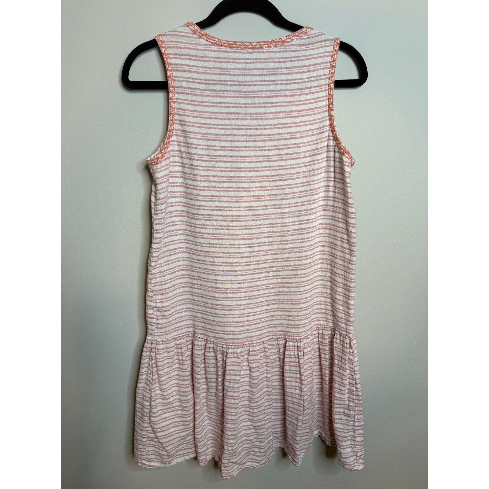 BEACHLUNCHLOUNGE Striped Pink Rose Embroidered Boho Linen Blend Daphine Dress XS