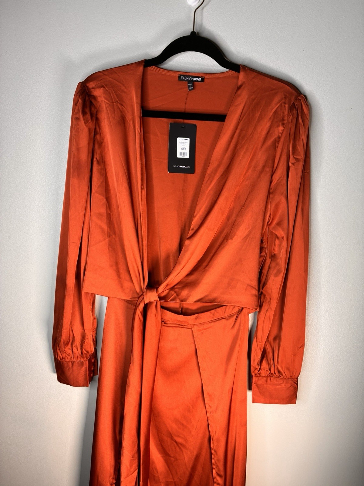 Fashion Nova Orange Satin V-Neck Wrap Maxi Dress Tie Waist Long Sleeve M NWT