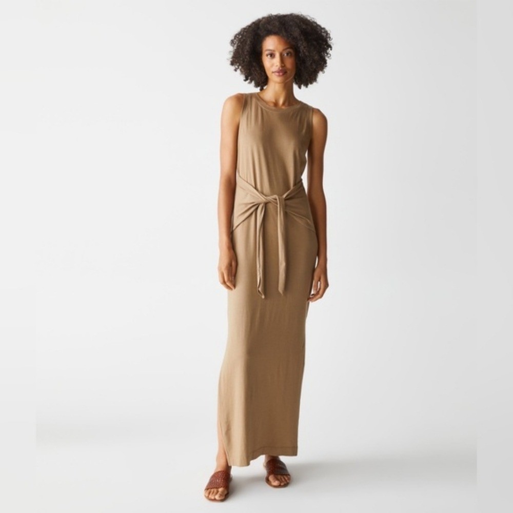 Michael Stars Solange Tie Detail Stretch Side Slits Maxi Dress Small Tan Brown