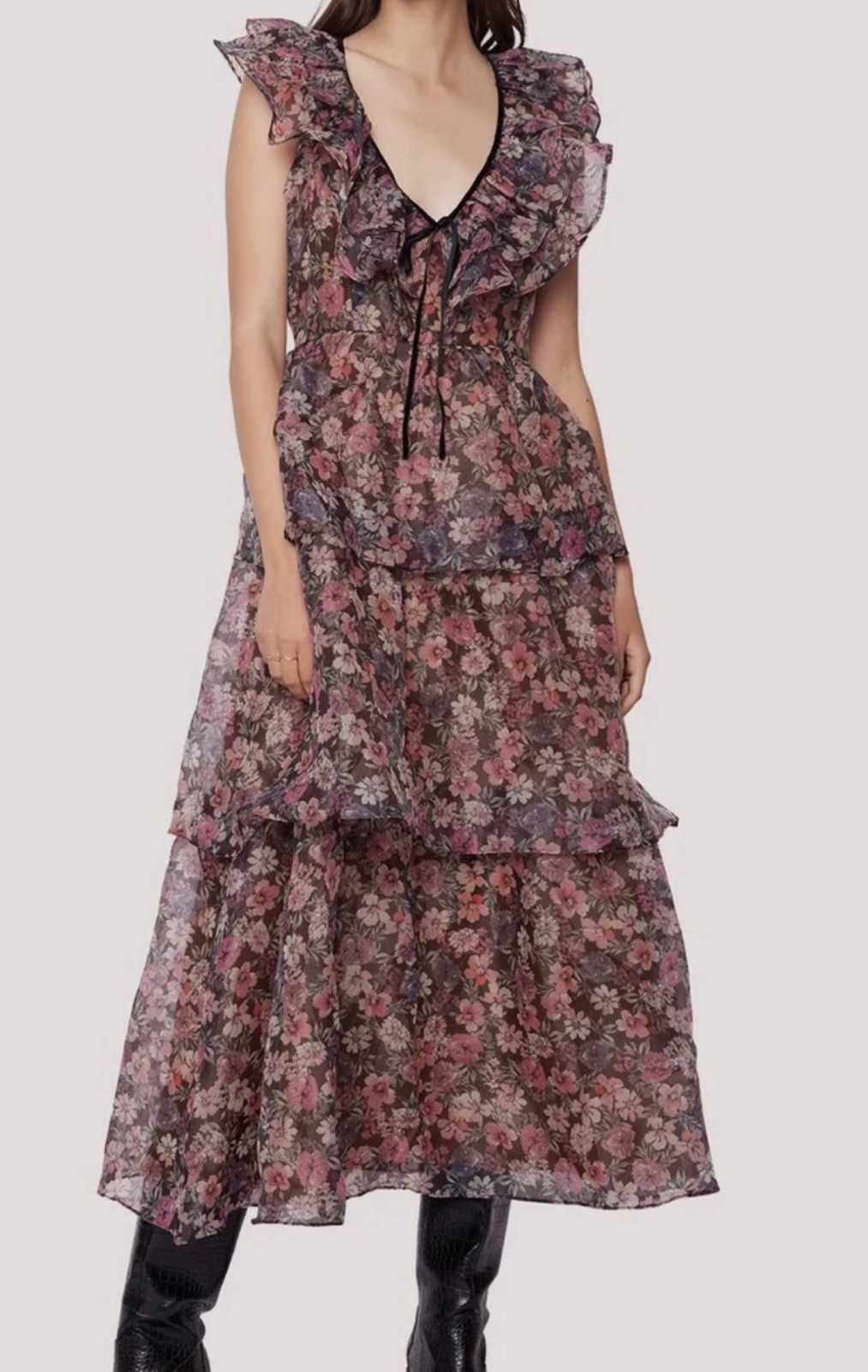 Lost + wander botanique floral long dress ruffle tiered v-neck short sleeve MD