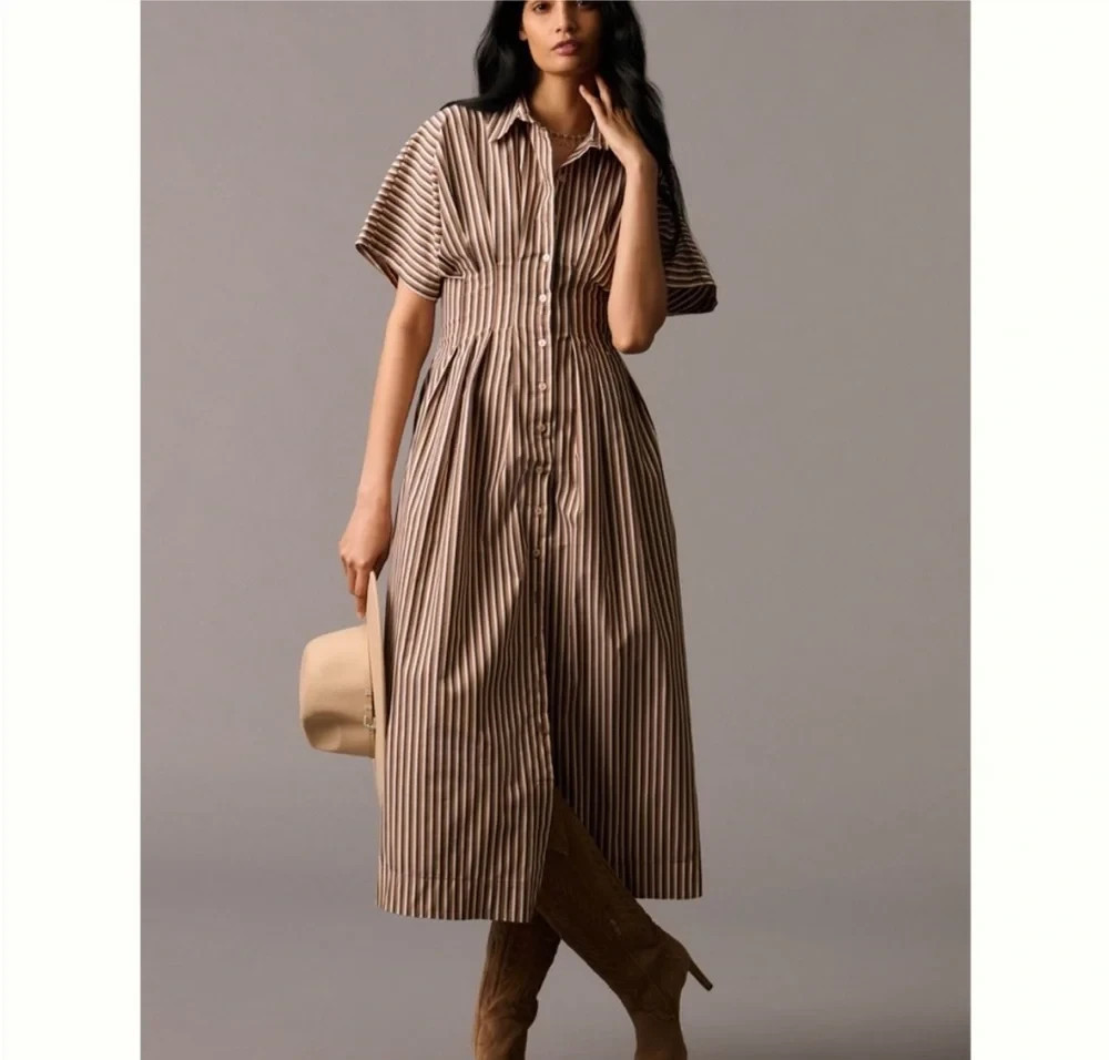 ANTHROPOLOGIE $198 Exquise Striped Maxi Tobie Pleated Shirt Dress Size XL