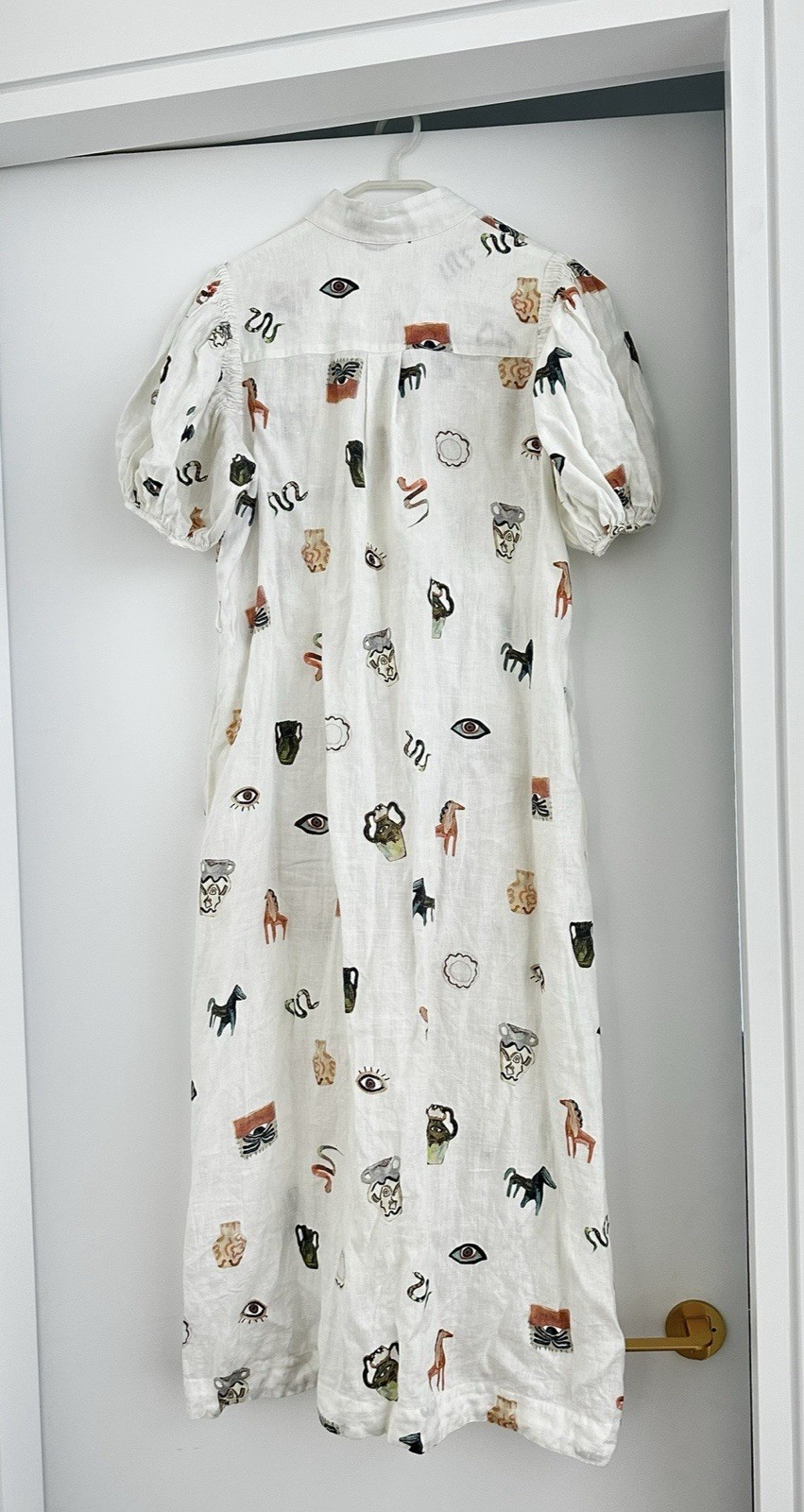 ALEMAIS Hera white/ivory Linen Shirt Dress Size 8, Midi, Puff Sleeve, Pockets
