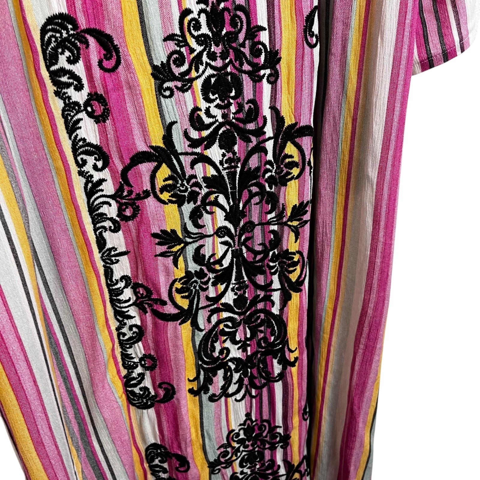 Savanna Jane XL Striped Embroidered Maxi Shirt Dress Pink Yellow Boho M93084