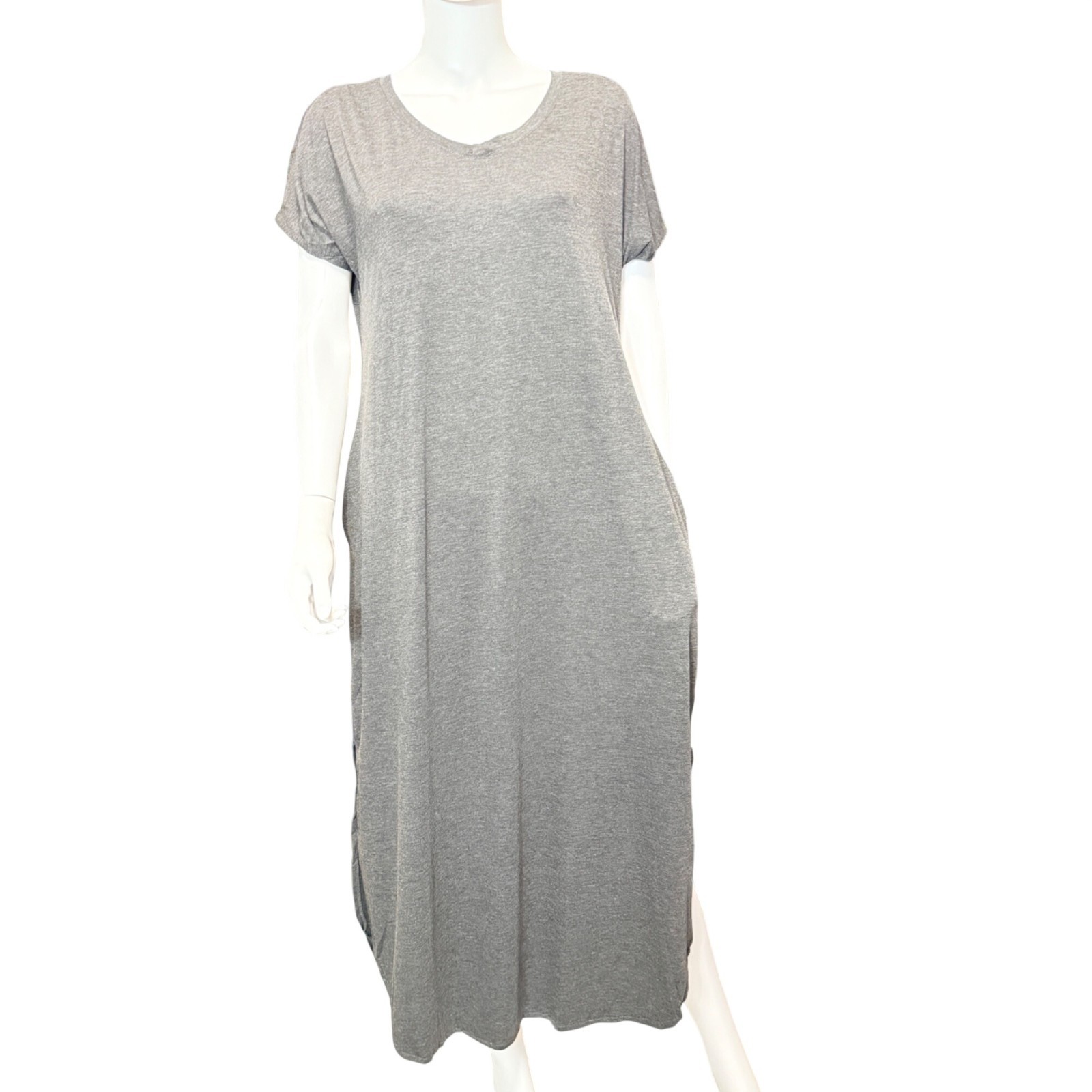 Womens Casual Maxi Dress XL Grey Cotton Blend Short Sleeve Pockets Side Slit