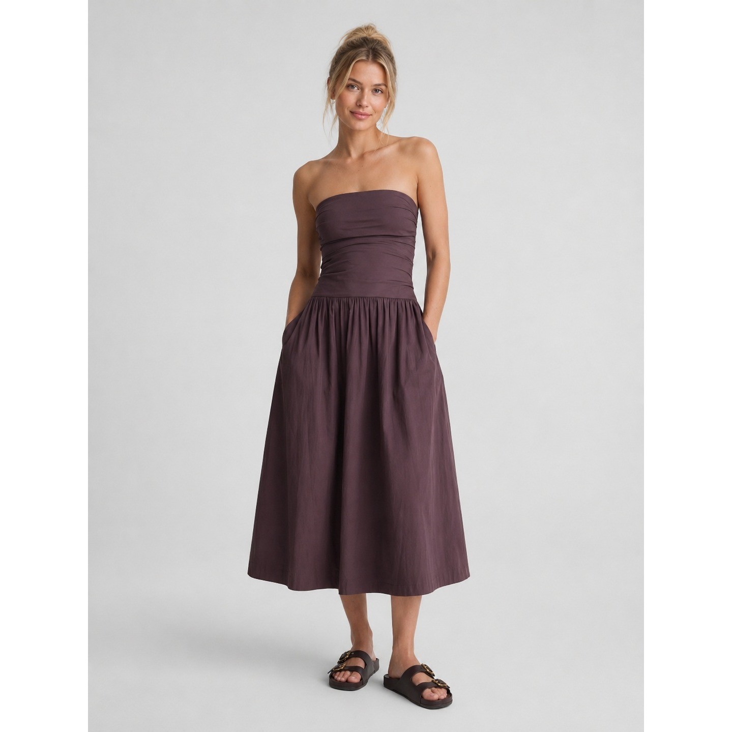 Madewell Dress Womens Size 10 Cotton Poplin Smocked Strapless Ruched Pockets NWT
