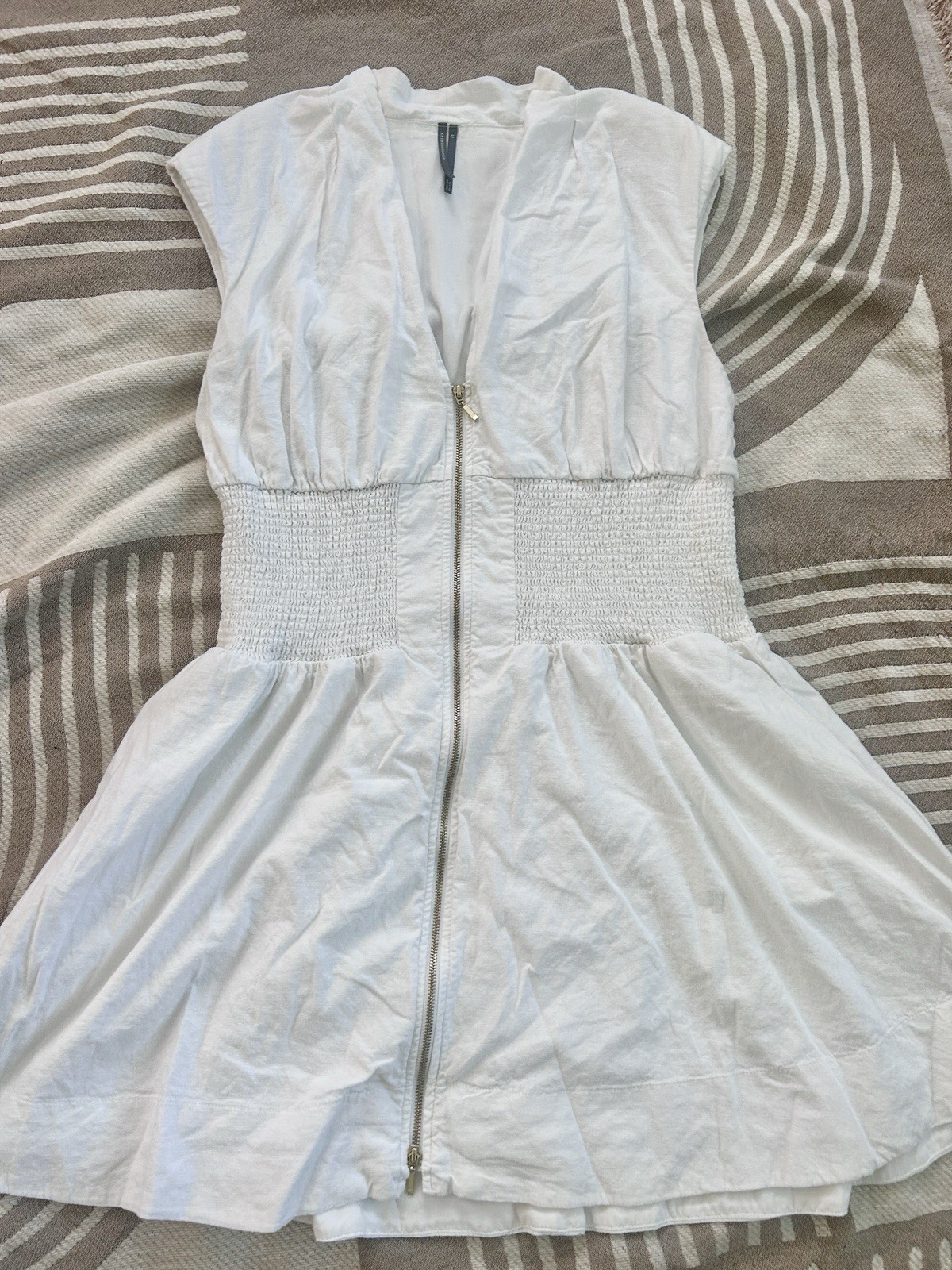 Anthropology -Maeve Small Tommie Cap-Sleeve Smocked Front-Zip Shirt Dress: Linen