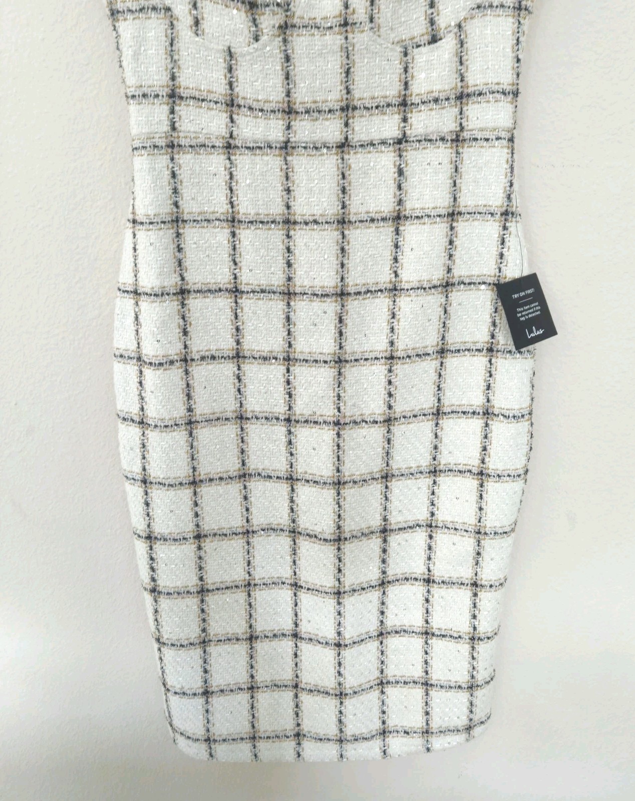 Lulu’s Elevated Delight White Plaid Tweed Bustier Midi Sheath Dress Sz Large