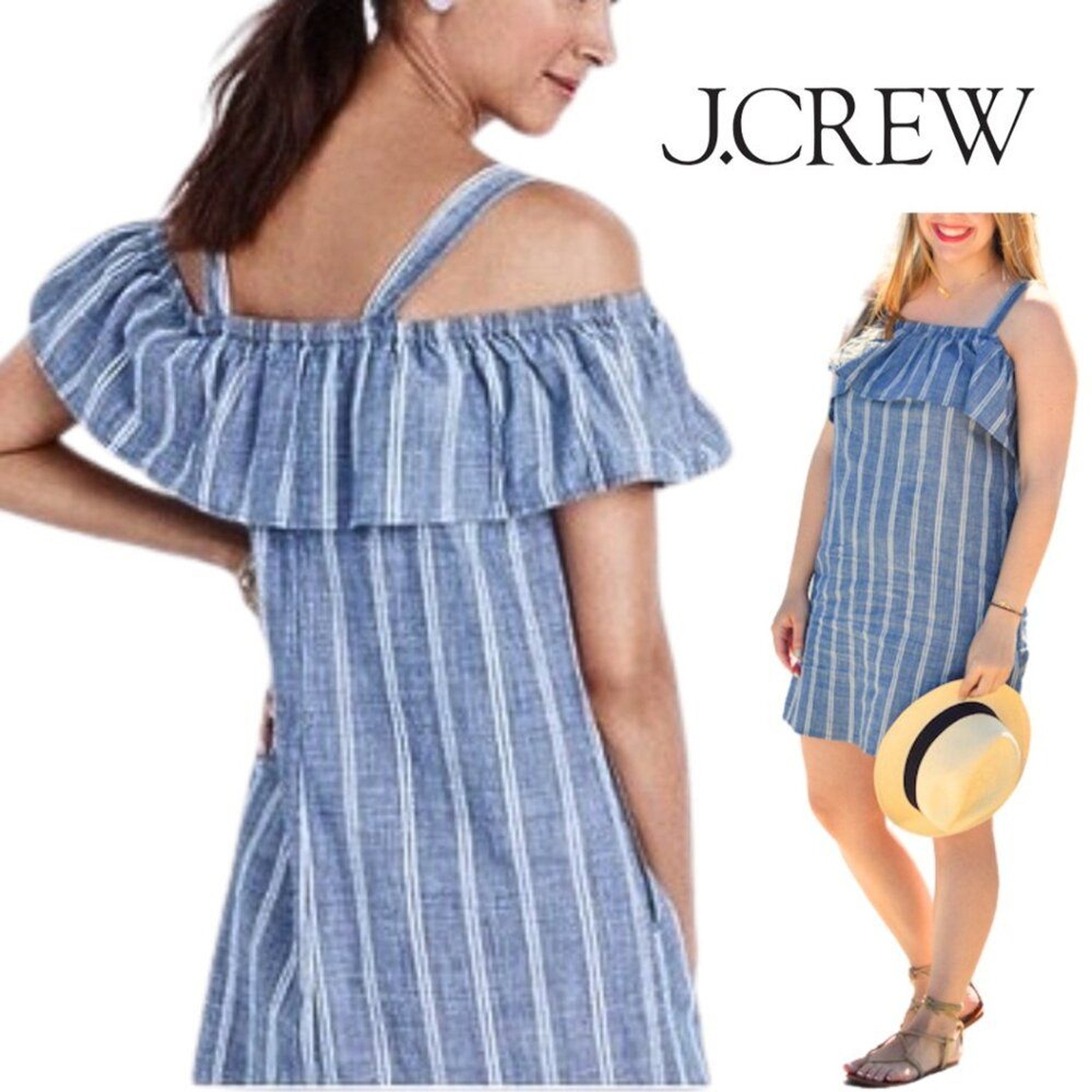 NWT, J. Crew Factory, Striped Chambray Ruffle-neck Cold Shoulder Dress, Blue