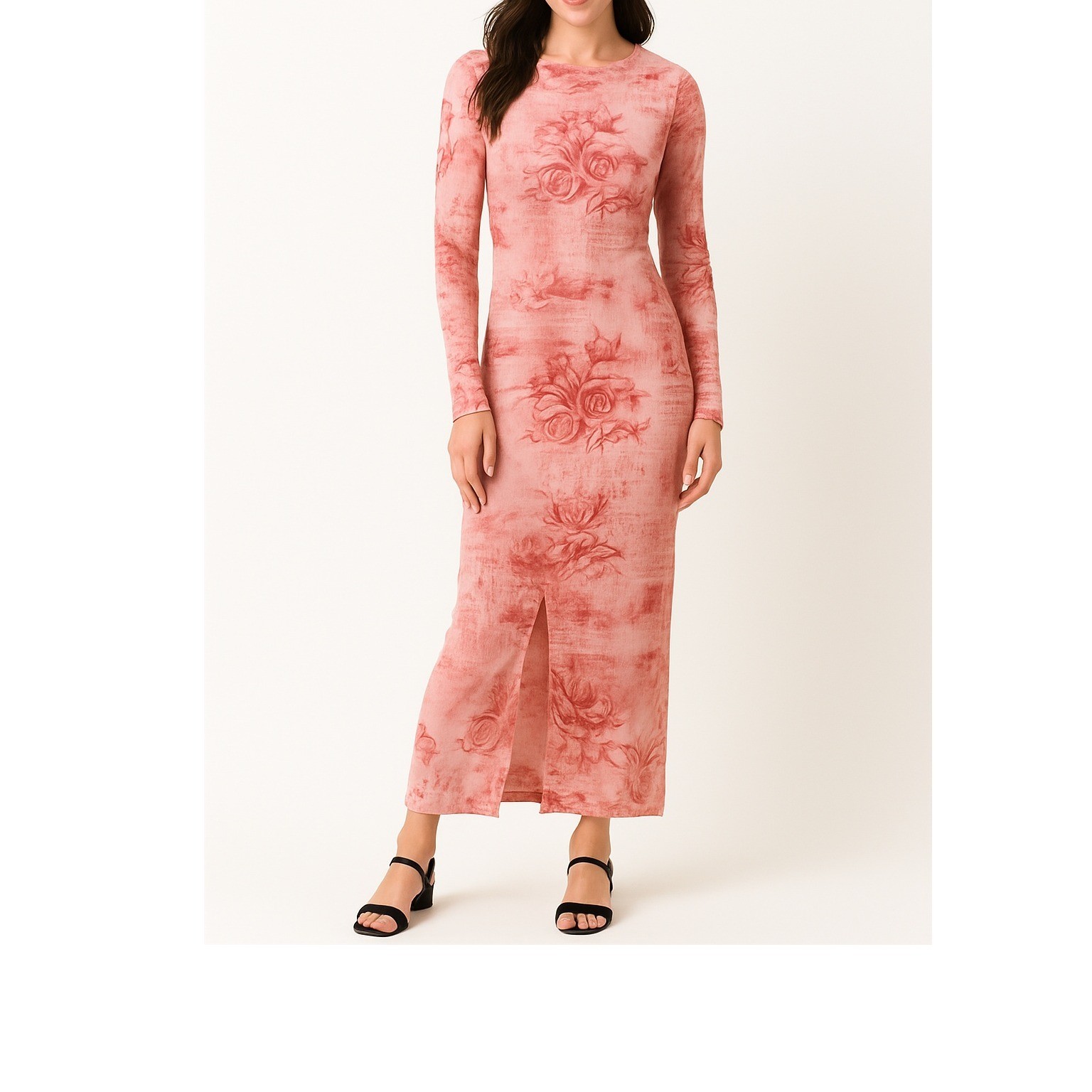 Women’s Pink Floral Maxi Dress Size 6 Long Sleeve Ruched Bodycon Style Shein Bae