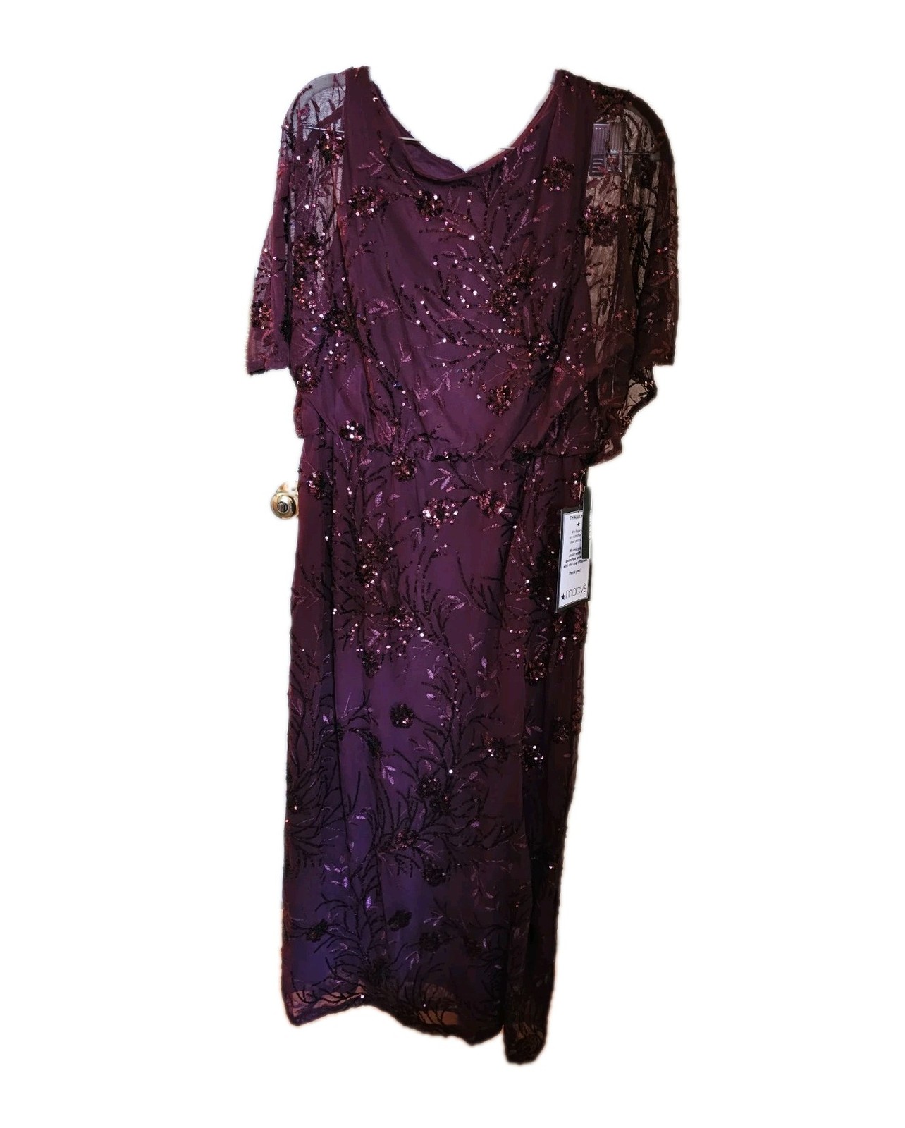 SLNY Tea Length Mesh Sequin Blouson Dress Plum Burgundy Size [Size 10]