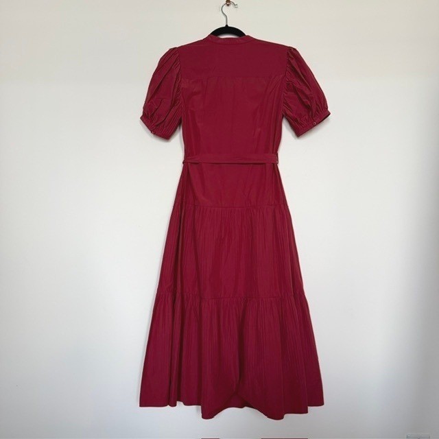 Derek Lam Alexandra Red Puff Sleeve Midi Dress | Size 4 | Tiered Button Front