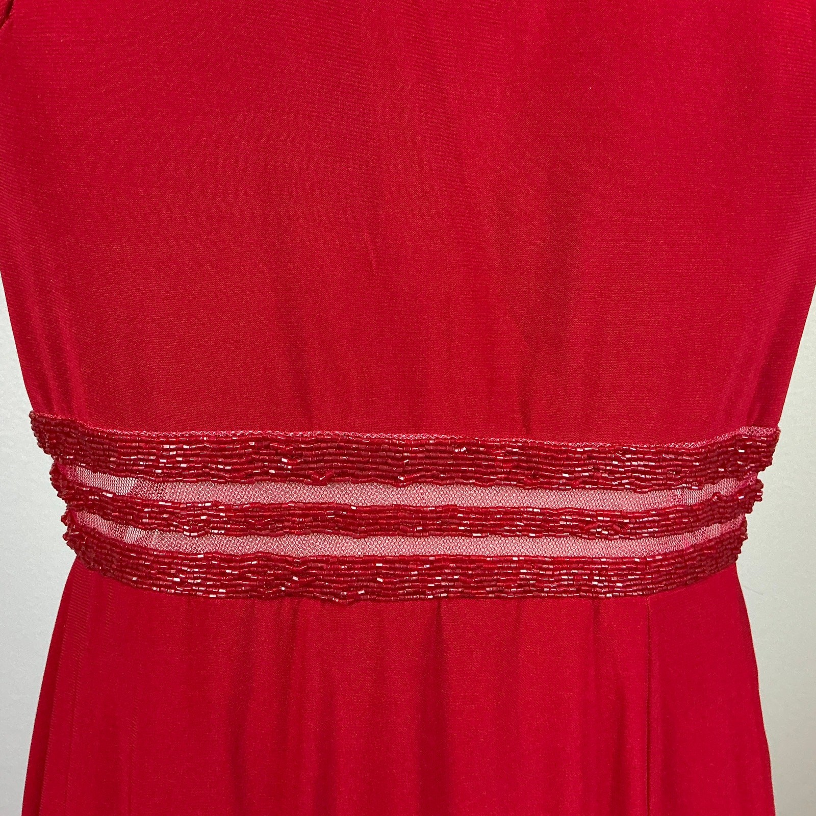 Nightway Red Evening Gown Backless Cut Out Thigh Slit A-Line Long Dress Size 10