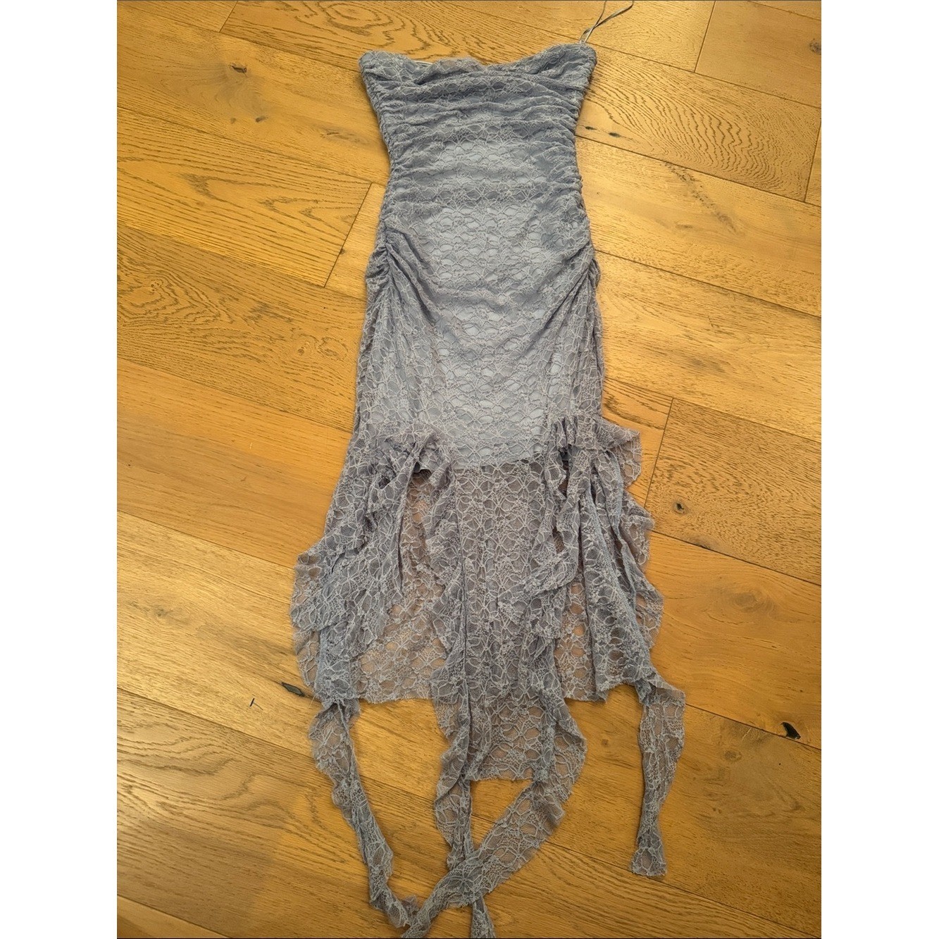Pookie & Sebastian blue lace strapless, ruched bodycon asymmetrical hem dress