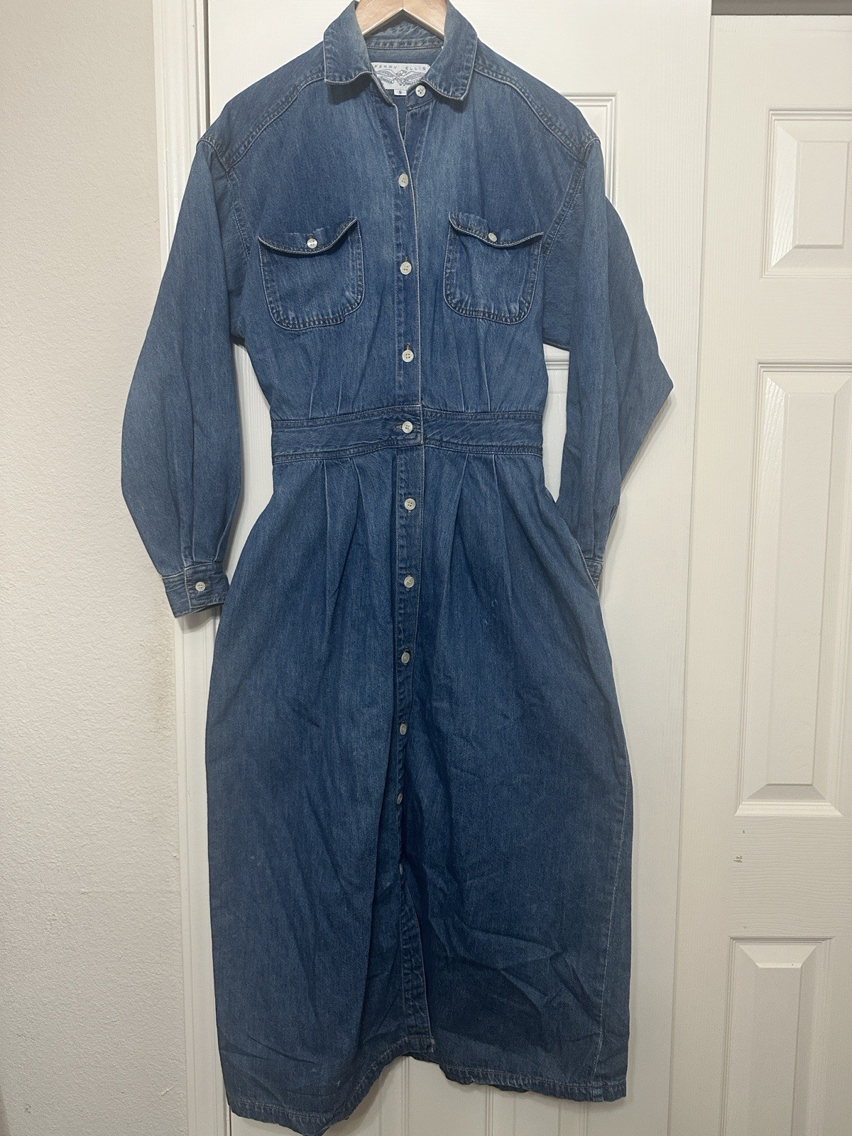 Vintage Perry Ellis X Levi’s Strauss Blue Denim Button-Front Maxi Dress Sz Small