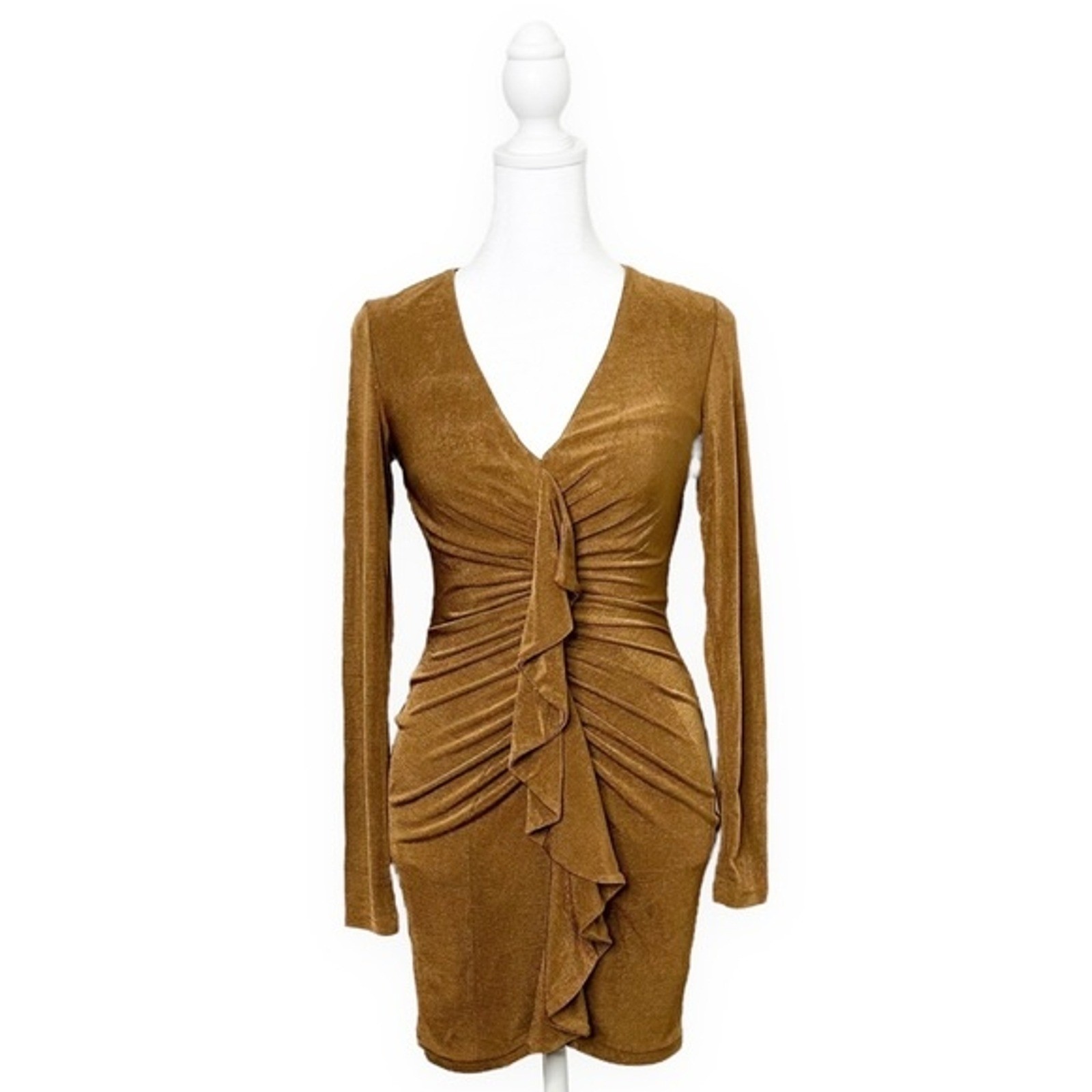 Significant Other Gold Ruched Long Sleeve V Neck Bodycon Mini Dress AU 6 US 2