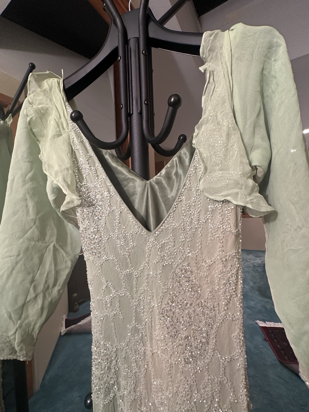 Elle Belle LLC Ombre Green Blue Silk Beaded V-Neck Long Sleeve Gown 10